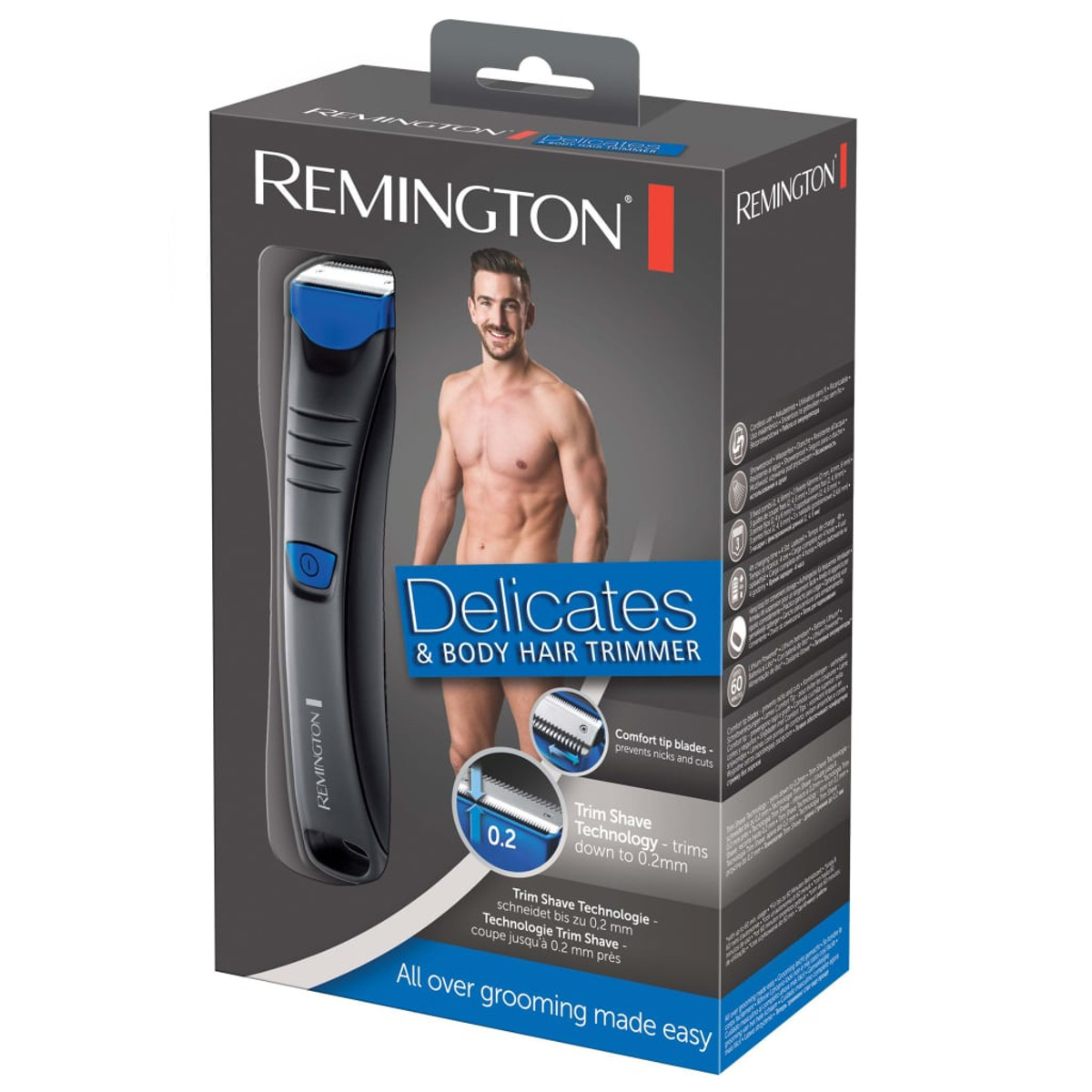 Zapakowana maszynka do golenia włosów z wizerunkiem mężczyzny, niebieskimi detalami i tekstem.