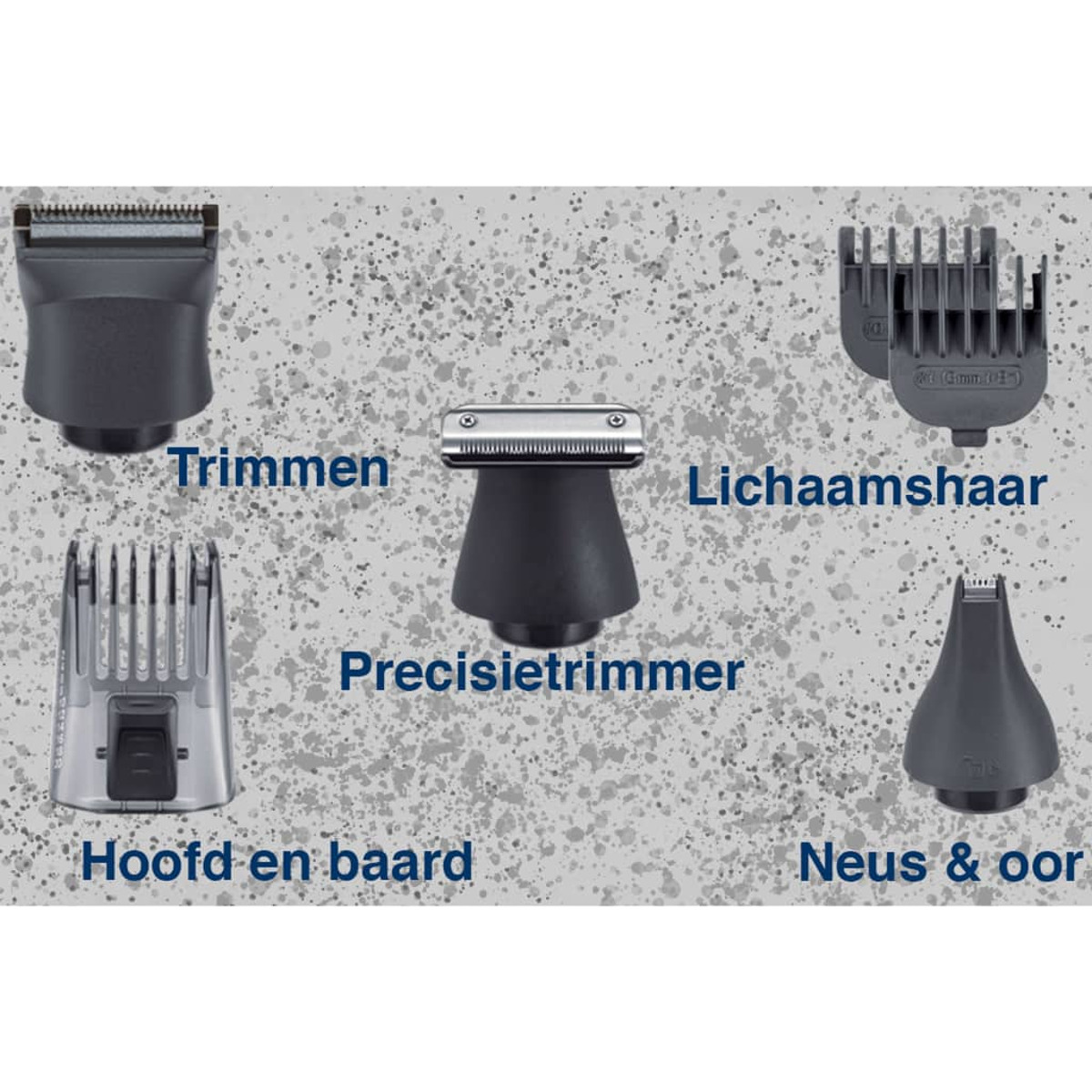 Cinco accesorios de recortadora diferentes etiquetados: recortar, vello corporal, cabeza y barba, recortadora de precisión, nariz y oreja.
