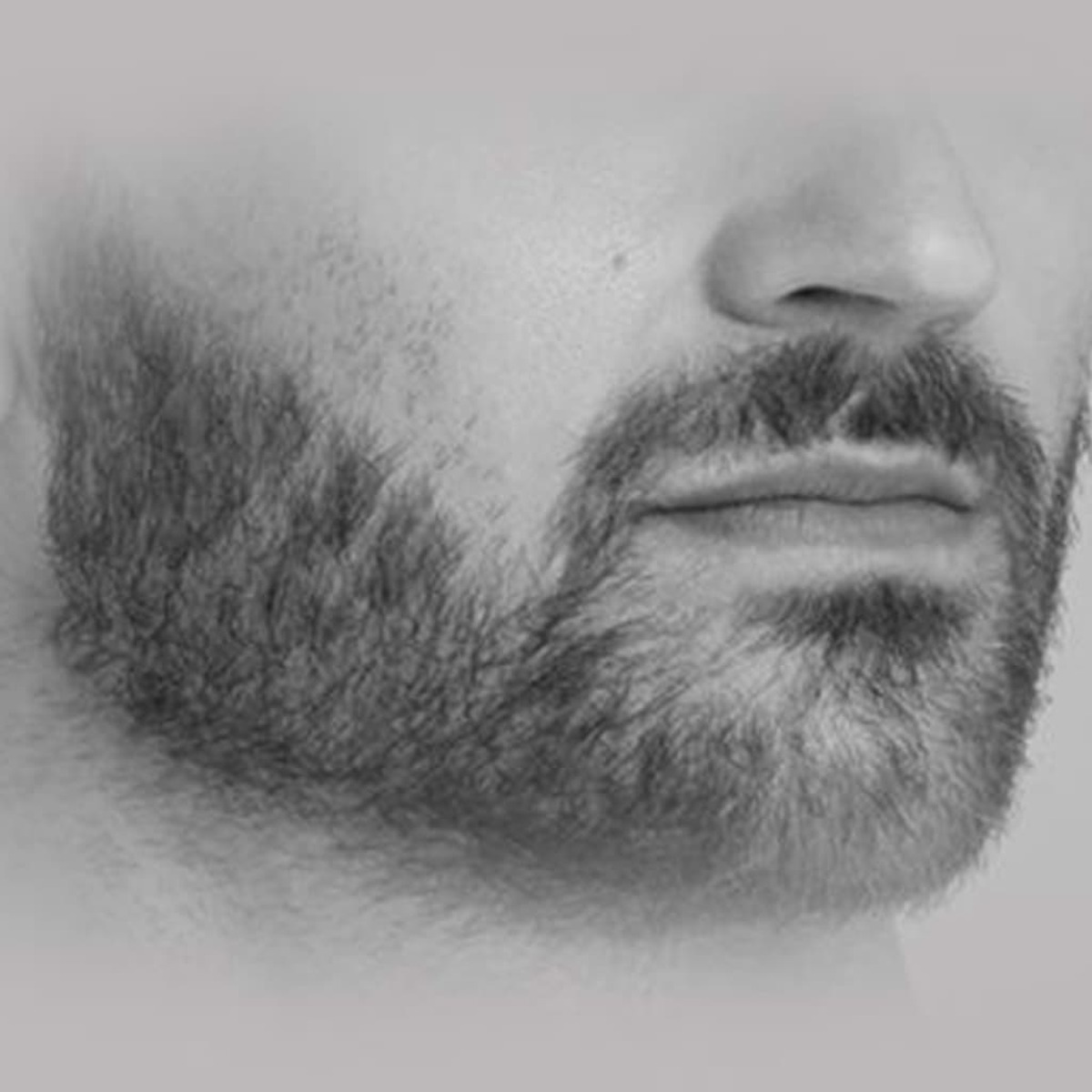 Primer plano del rostro de un hombre, centrado en su barba y bigote. El fondo es gris claro liso.