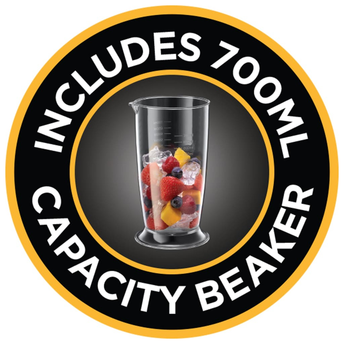 Ein runder Aufkleber mit schwarzem Hintergrund. Er sagt: 'INCLUDES 700ML CAPACITY BEAKER' in Weiß.