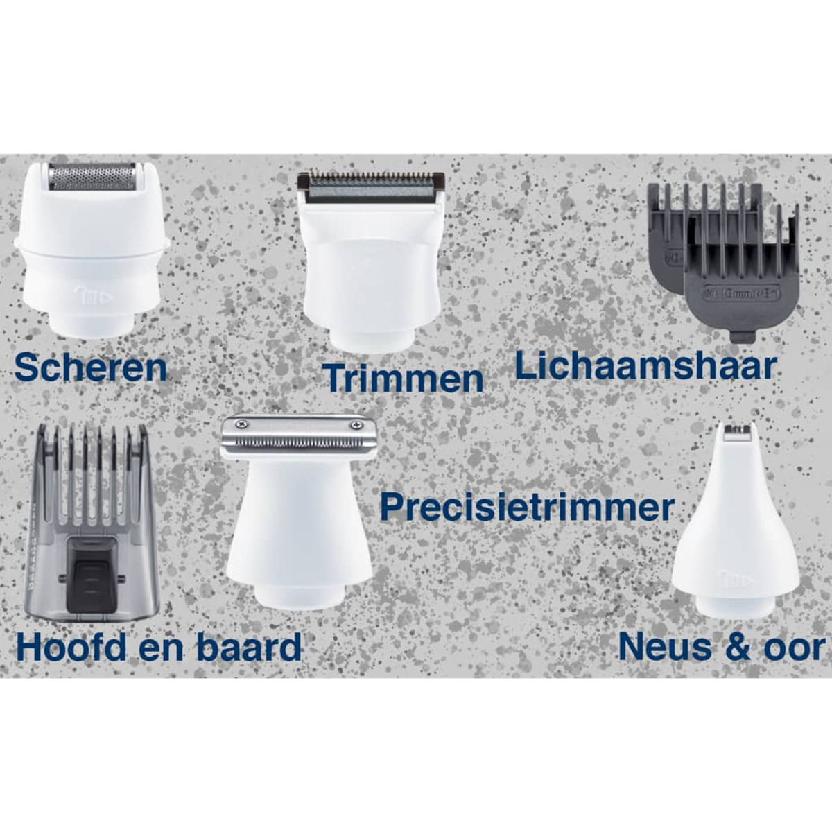 Verschiedene Trimmeraufsätze beschriftet. 'Scheren', 'Trimmen', 'Lichaamshaar', 'Hoofd en baard', 'Precisietrimmer', 'Neus & oor'.