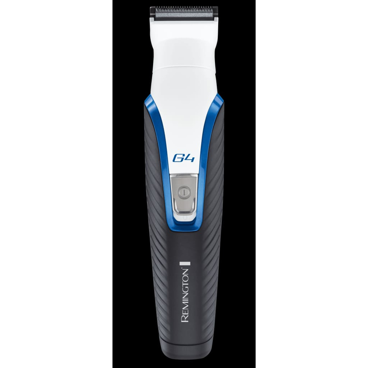 Remington G4 Trimmer. Es ist weiß, schwarz und blau auf schwarzem Grund.