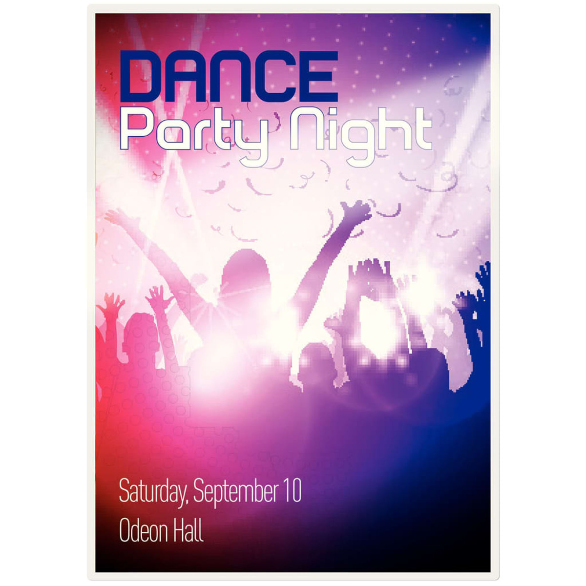 Tanzparty-Nacht-Plakat. Silhouetten von erhobenen Händen in einer Menschenmenge. Text: Samstag, 10. September, Odeon Hall.