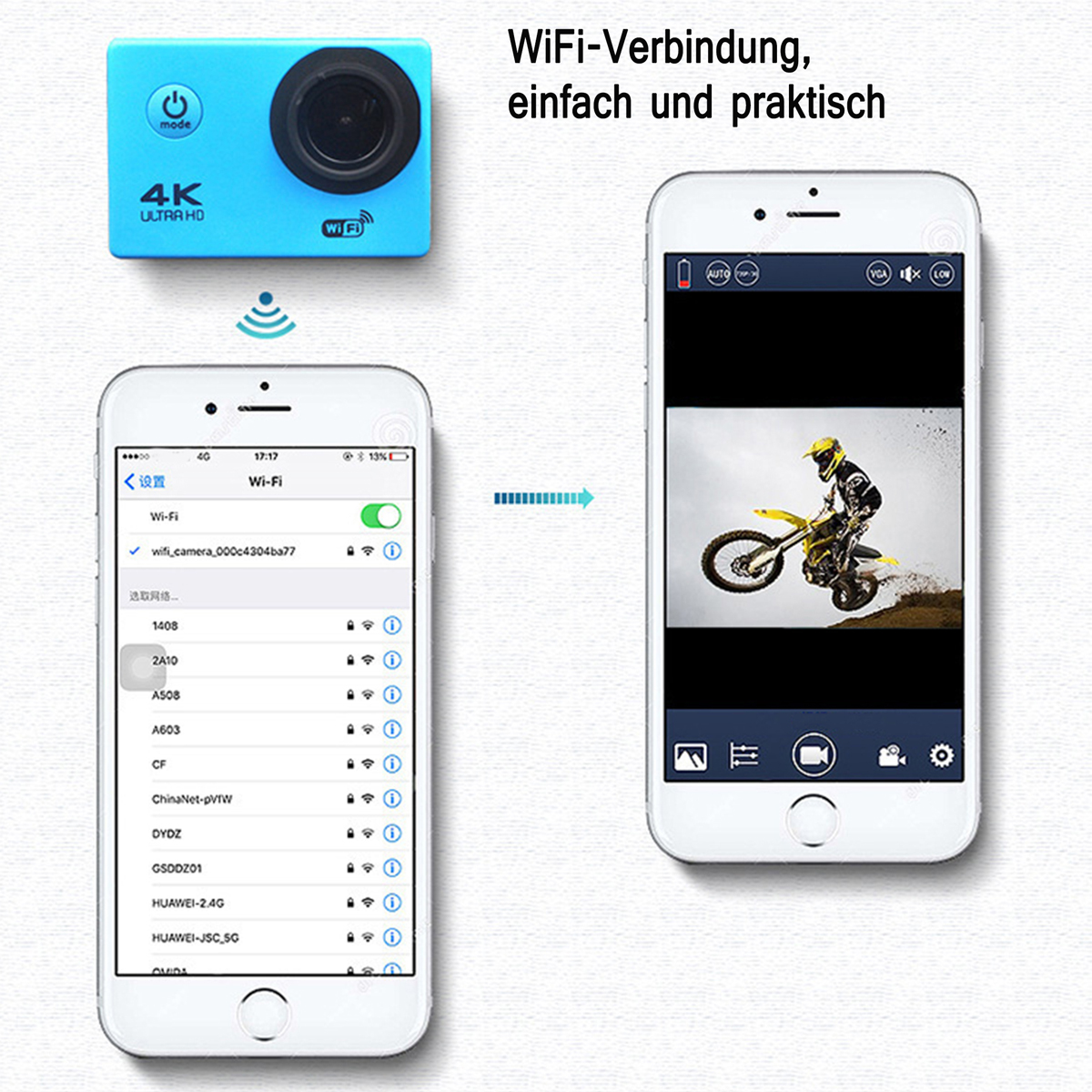 Eine blaue Action-Kamera und zwei Smartphones, die eine WLAN-Verbindung und ein Foto zeigen.