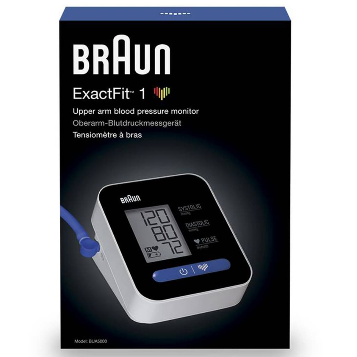 Kan basıncı monitörlü kutu. Metin: Braun ExactFit 1. Kan basıncı değerlerini gösterir.
