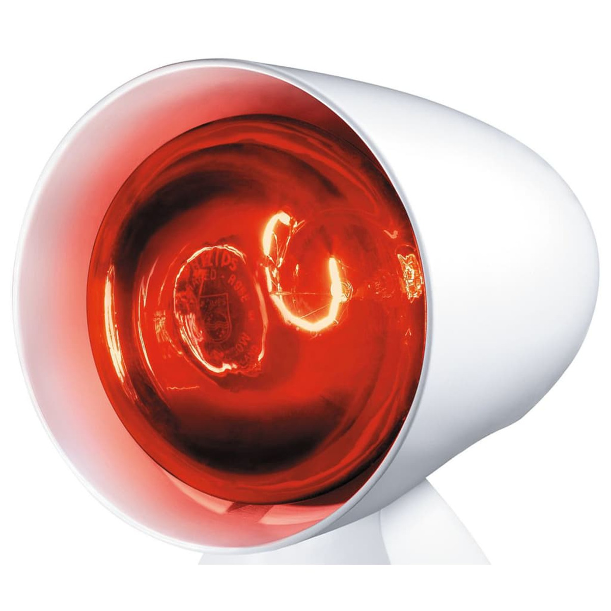 Weiße Infrarotlampe mit roter Glühbirne, die Licht emittiert, vor weißem Hintergrund.