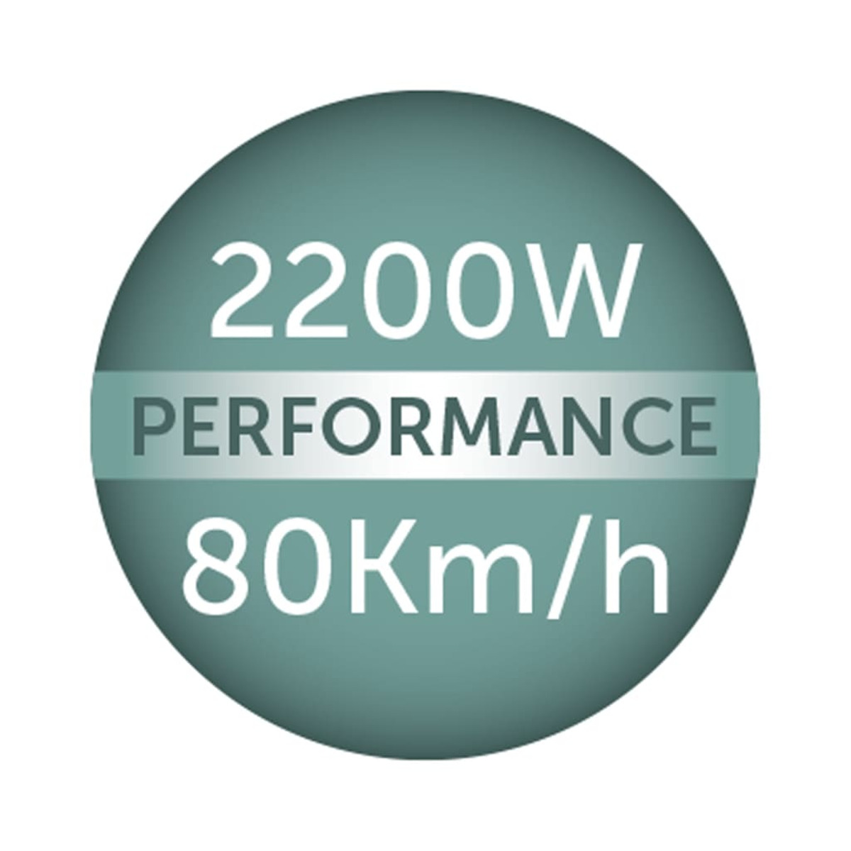 Zielone koło z białym tekstem: '2200W PERFORMANCE 80Km/h'.
