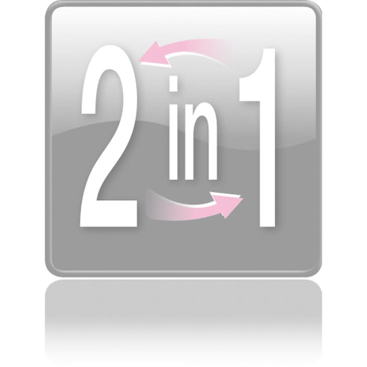 Graues Quadrat mit '2 in 1' in Weiß, rosa Pfeile. Weißer Hintergrund.