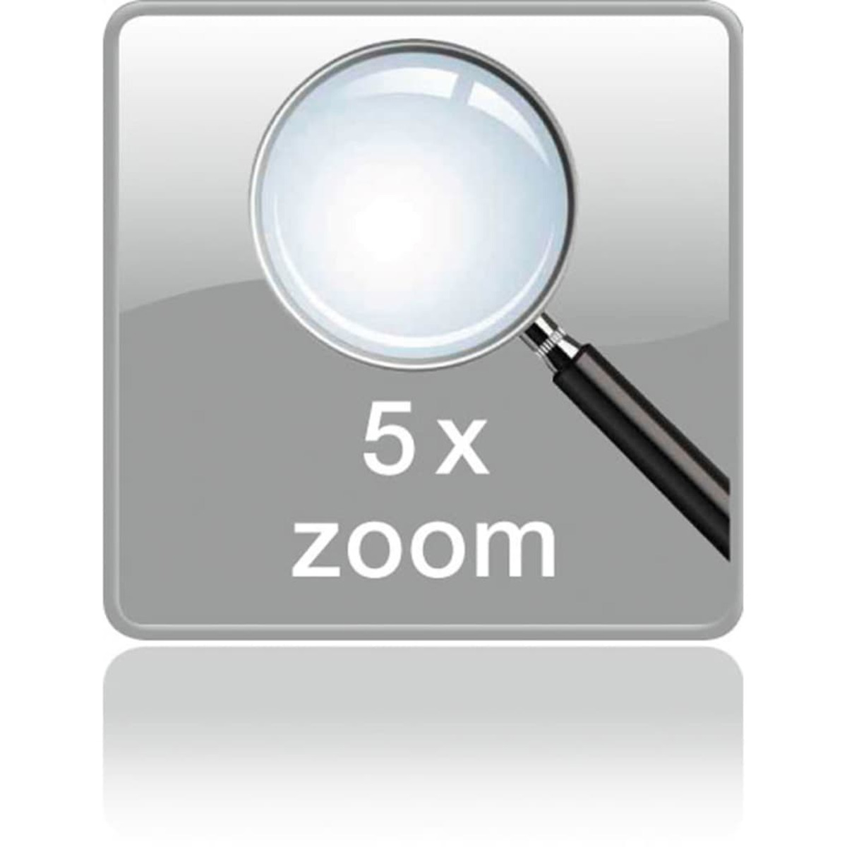 Lupe-Symbol auf einem grauen Quadrat, das den Text '5x Zoom' zeigt.