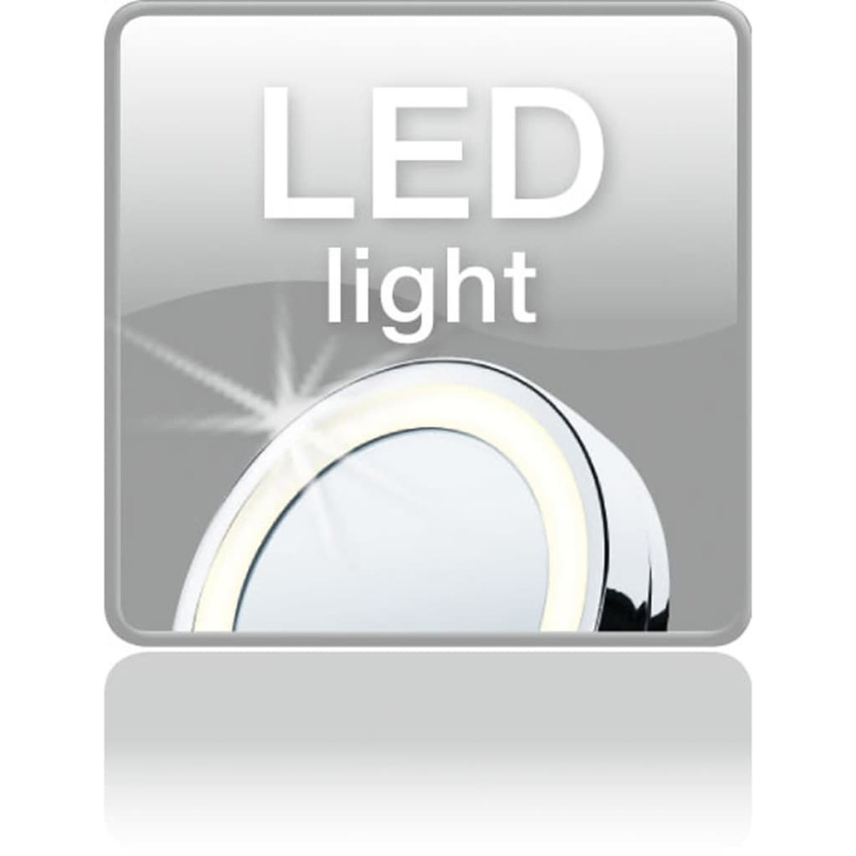 Ein silbernes und weißes LED-Licht mit Reflexion, dargestellt auf grauem Hintergrund.
