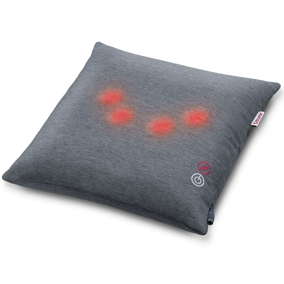 Graues Massagekissen mit roten Lichtern, Logo und Reißverschluss auf weißem Grund.