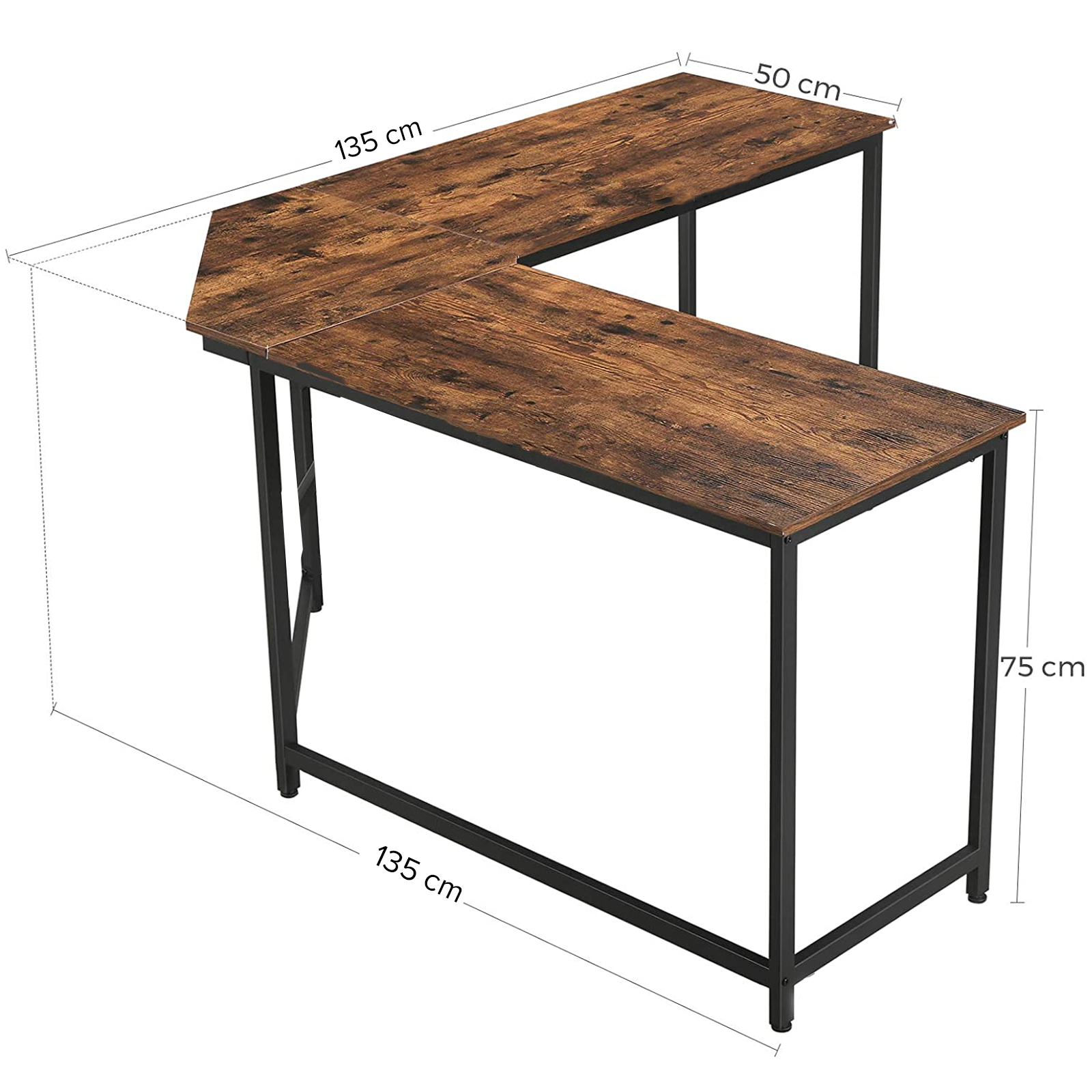 Ein L-förmiger Schreibtisch aus Holz mit schwarzen Beinen. Abmessungen sind beschriftet: 135cm x 135cm x 50cm x 75cm.