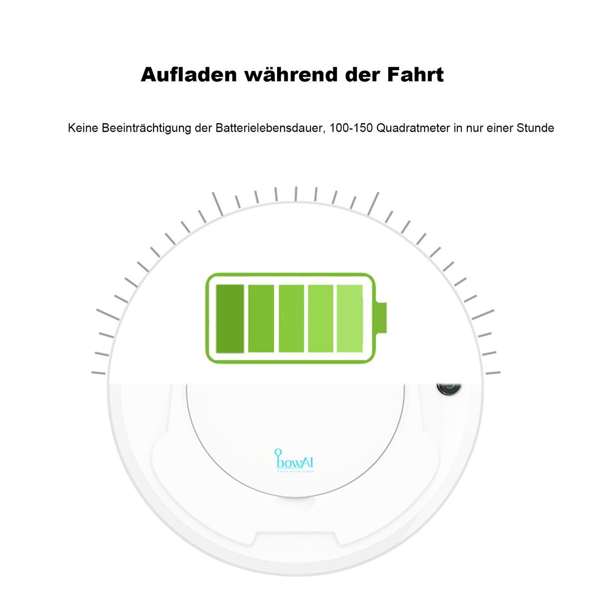 Ein weißer Roboterstaubsauger mit grünem Batteriesymbol. Auf weißer Oberfläche.
