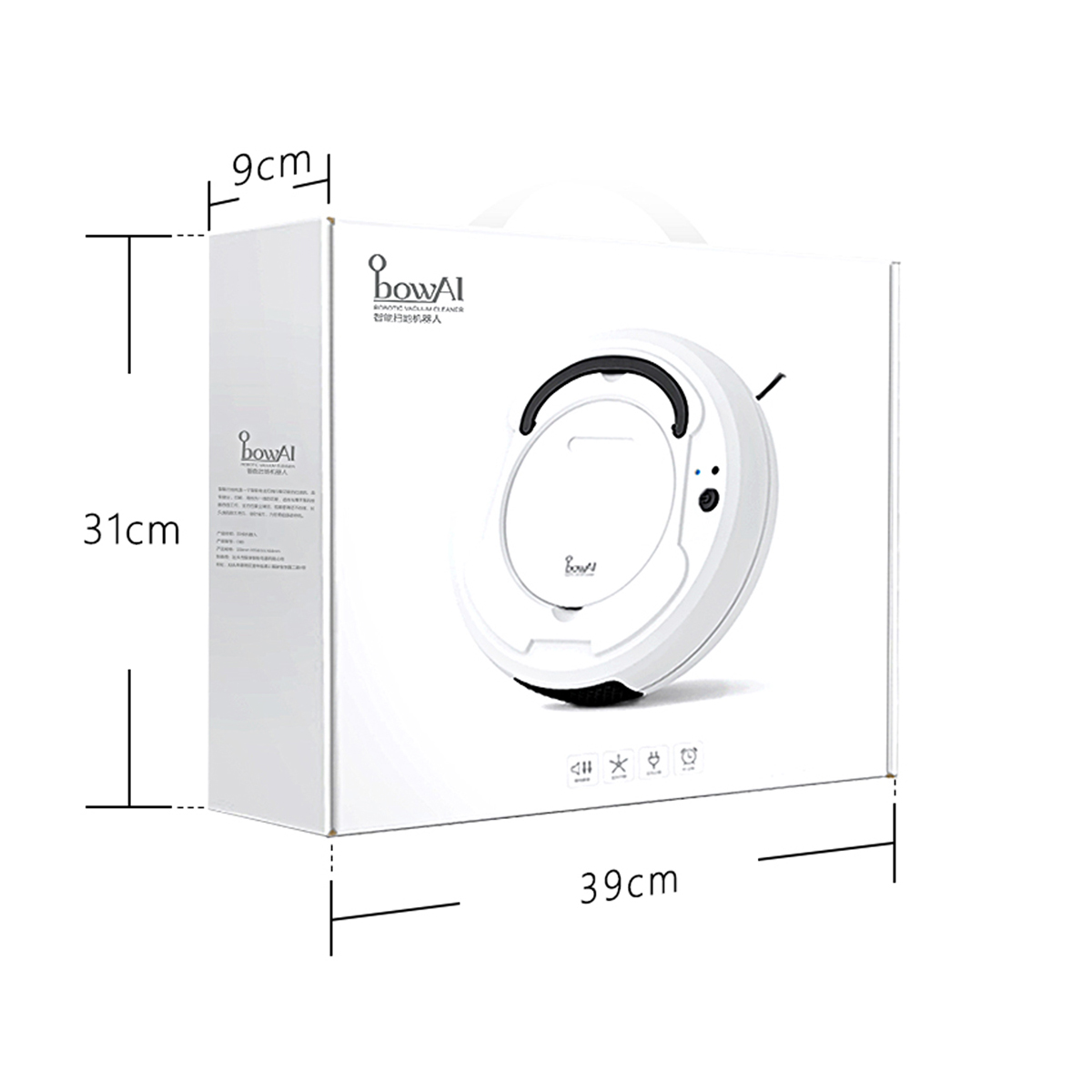 Weißer Roboter-Staubsauger in Box mit beschrifteten Abmessungen. Branding auf der Box.