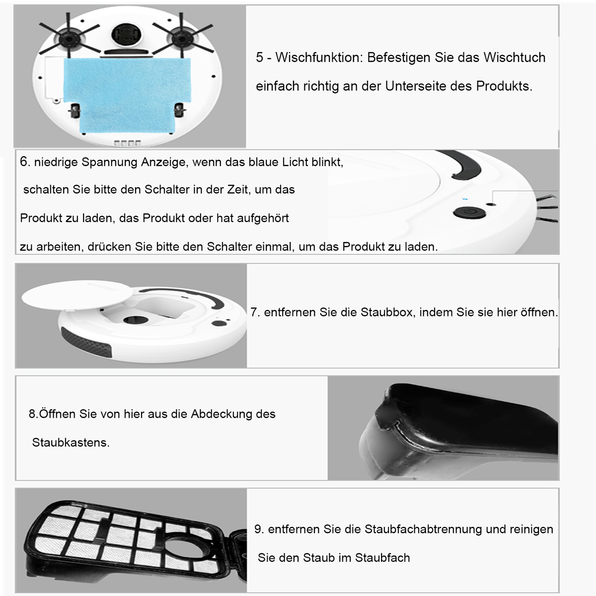 Diagramm mit Anweisungen zur Reinigung eines Roboterstaubsaugers. Details von Teilen und deren Funktionen.