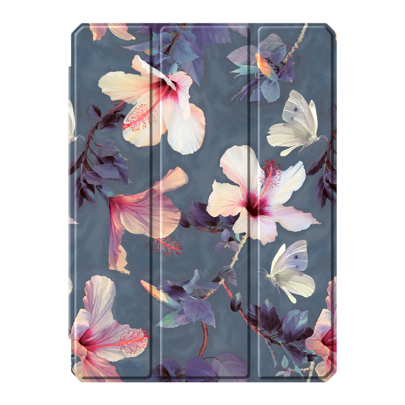 Tablettasche mit Blumenmuster, rosa und weiße Blüten auf blauem Grund.