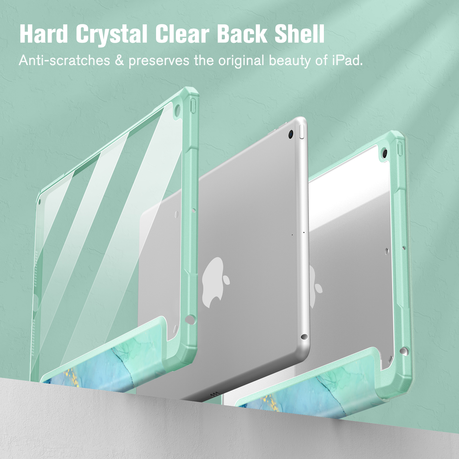 Drei durchsichtige iPad-Hüllen. Eine ist transparent, andere mintgrün. Text: Hard Crystal Clear Back Shell.