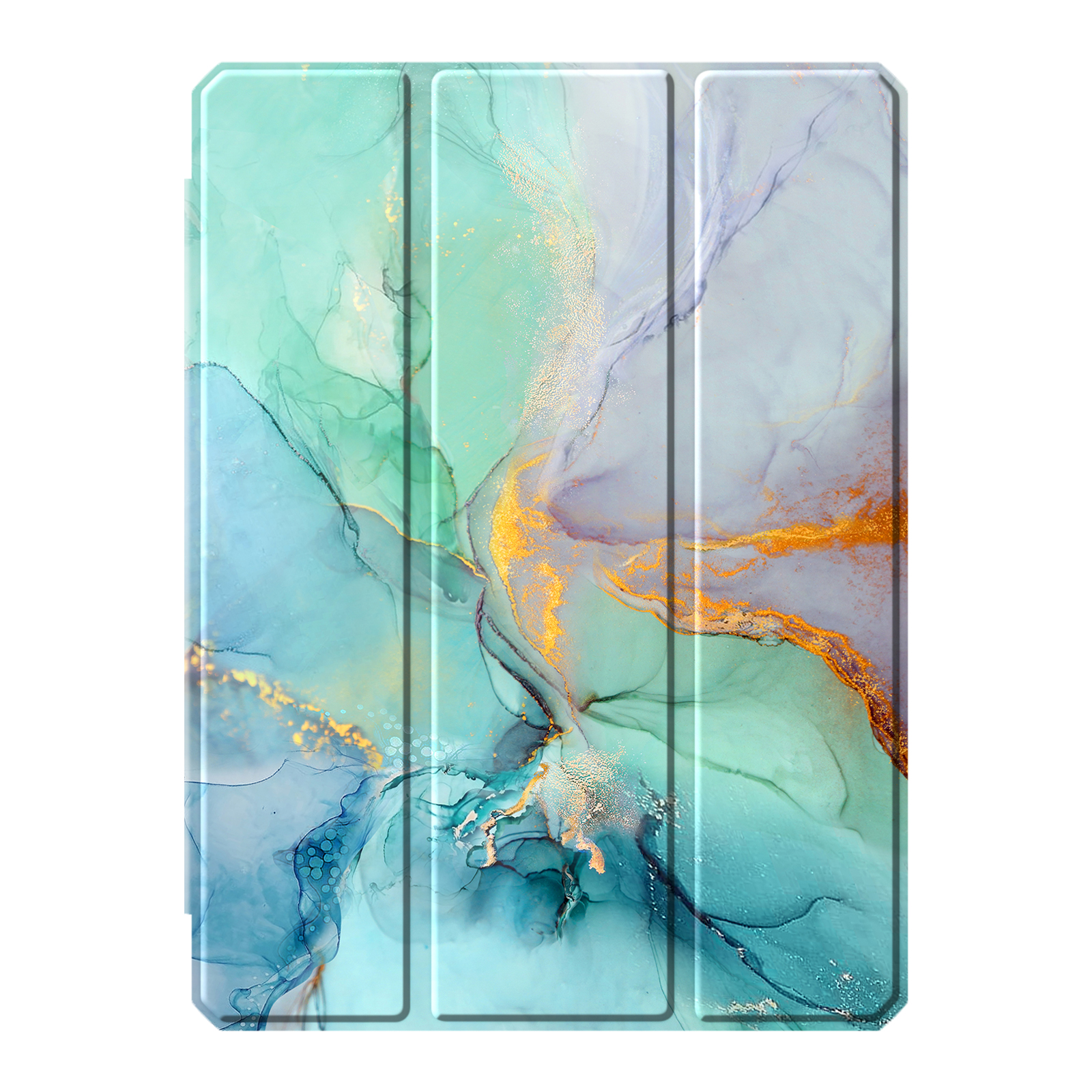 Tablet-Hülle mit farbenfrohem, abstraktem Design. Blaue, grüne und goldene Farben.