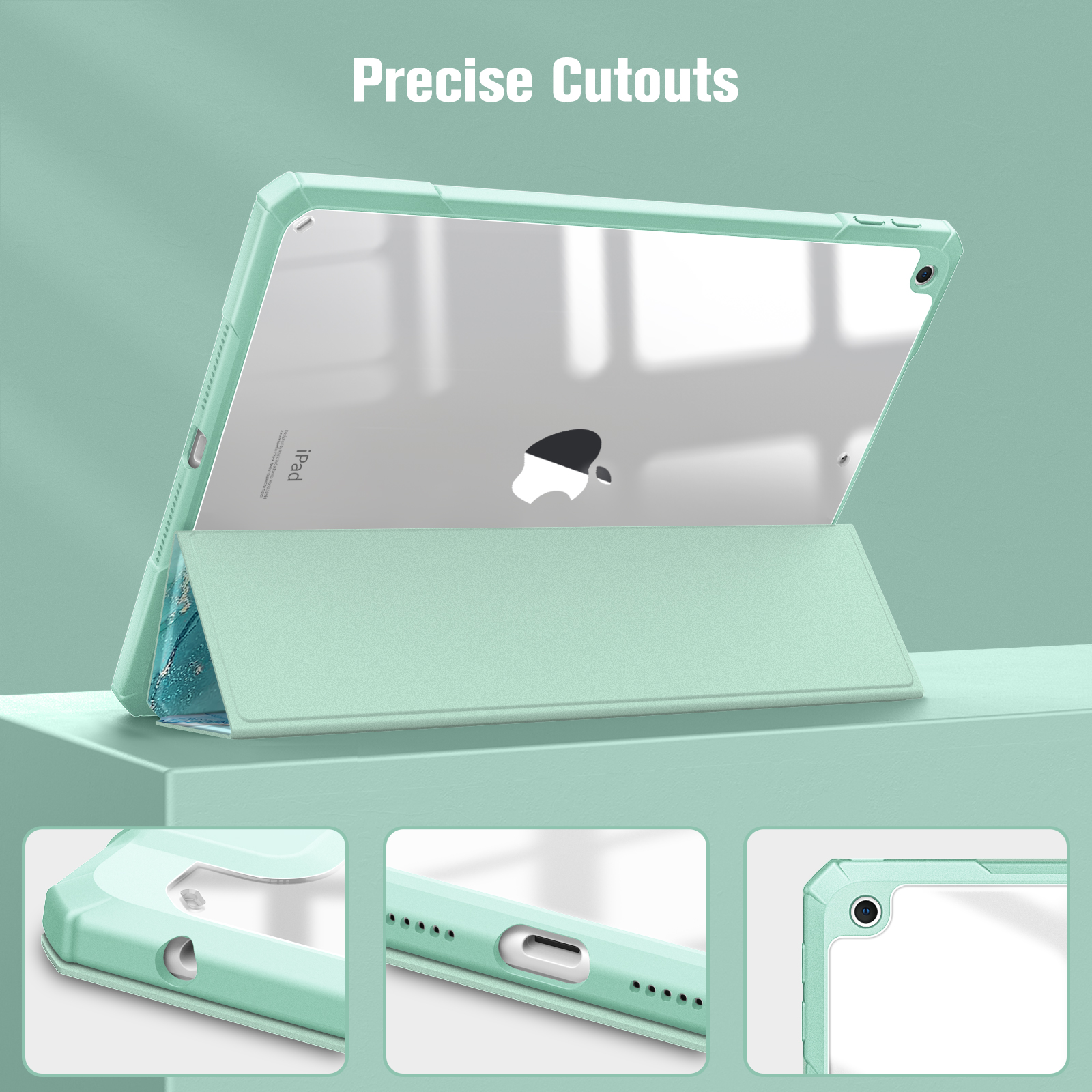 Ein iPad in einem mintgrünen Gehäuse, mit Nahaufnahmen von Ausschnitten.