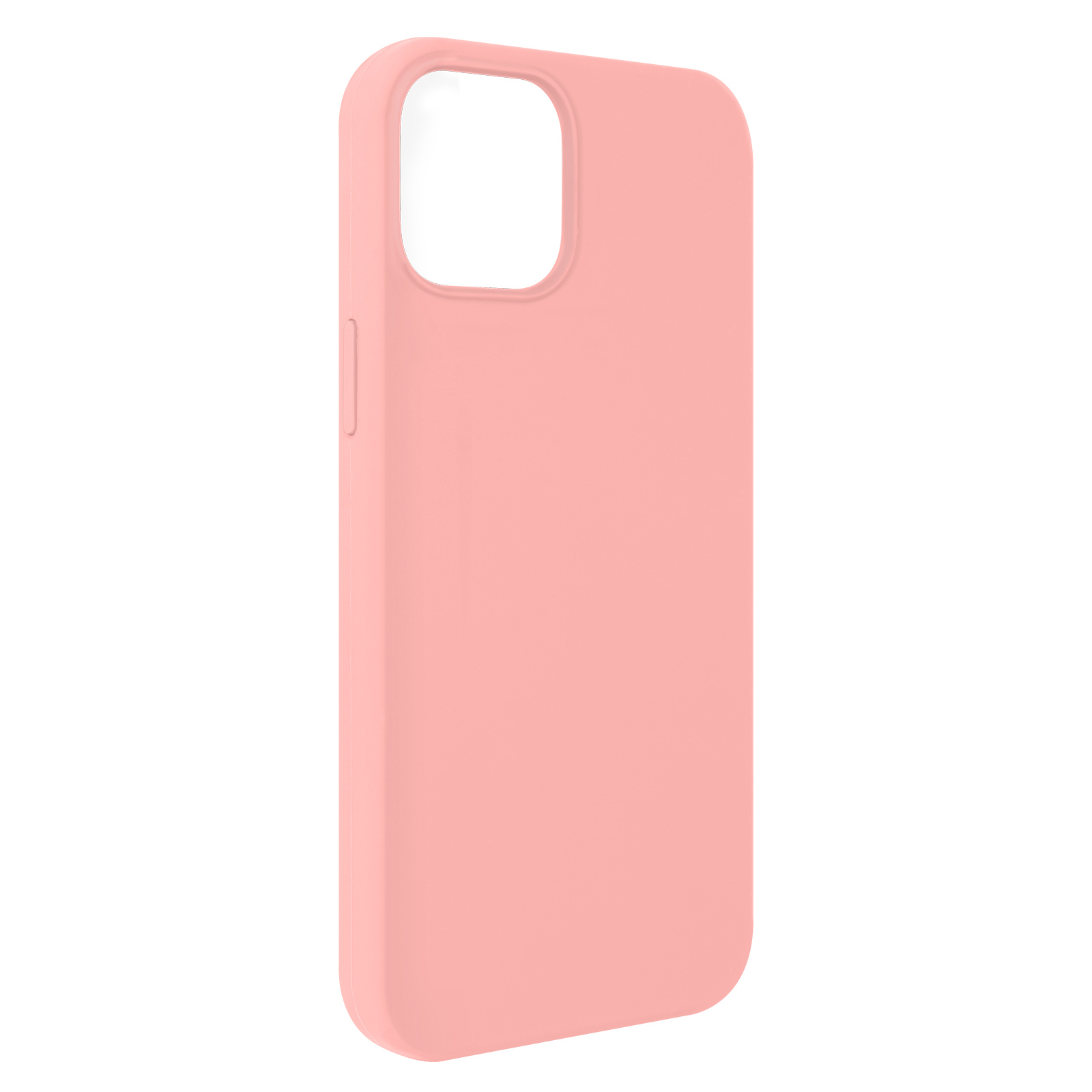 Una custodia per telefono rosa chiaro, vista laterale, con un ritaglio per la fotocamera.