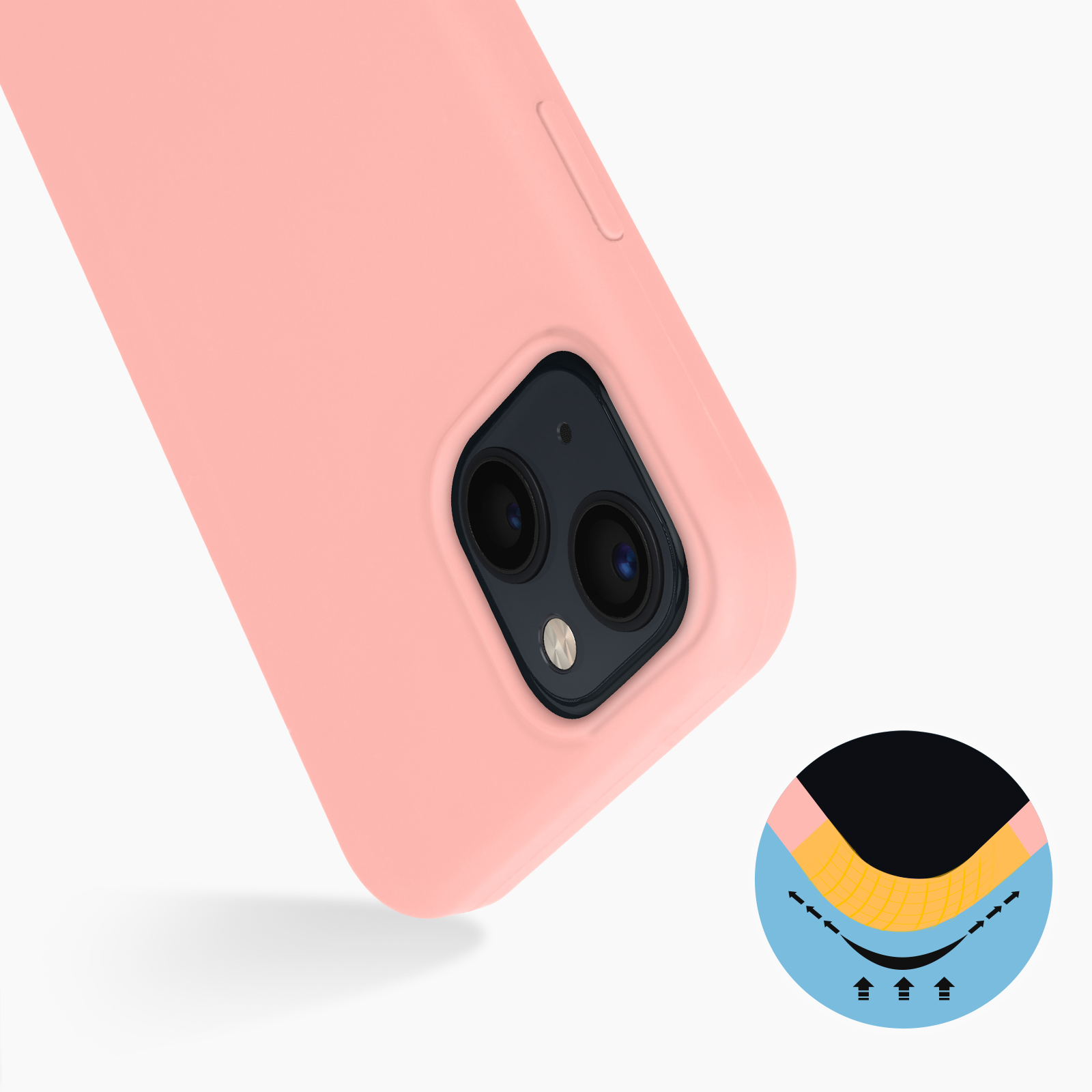 Una custodia per telefono rosa con un diagramma che mostra gli strati di protezione.