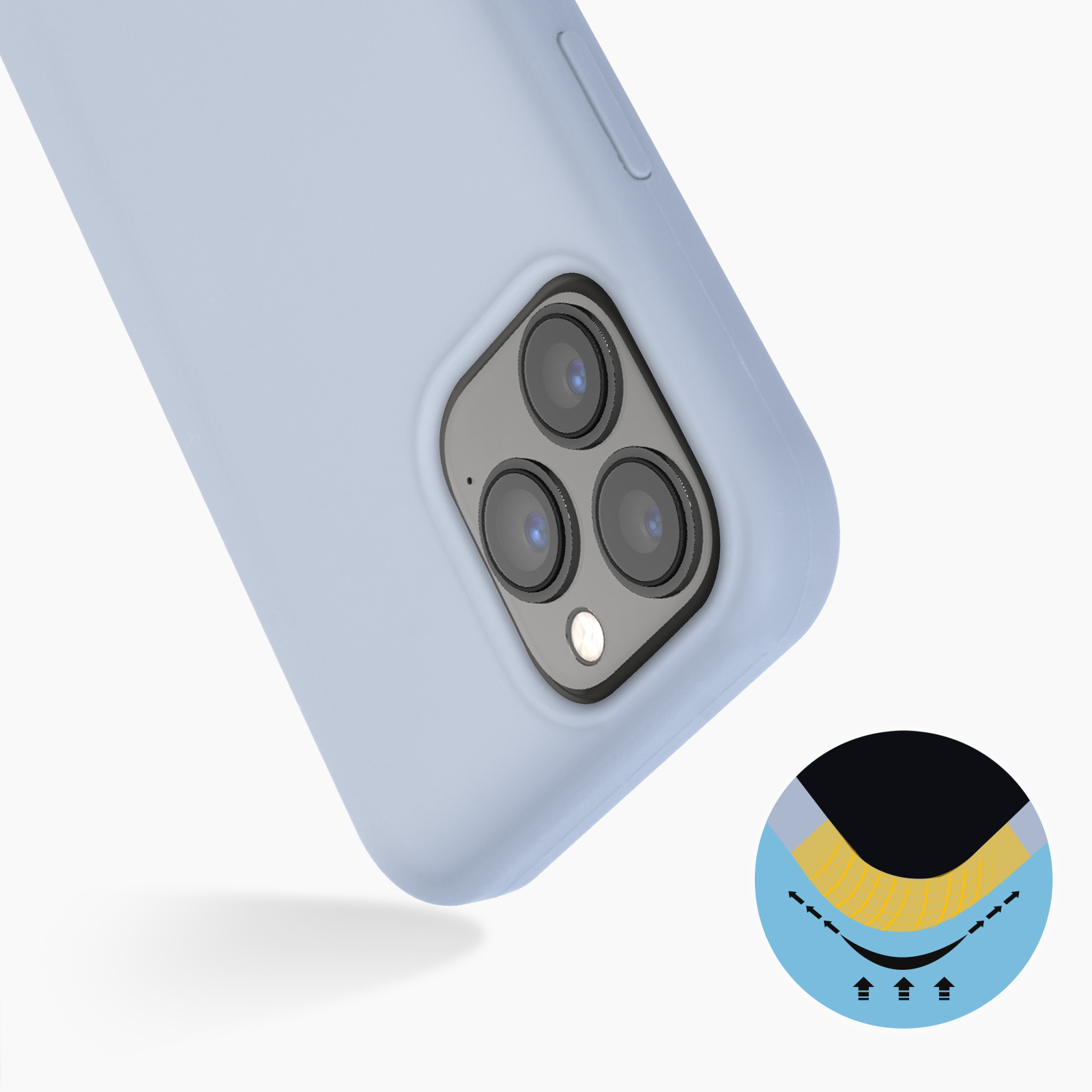 Custodia per telefono con retro azzurro. Primo piano dell'obiettivo e diagramma.