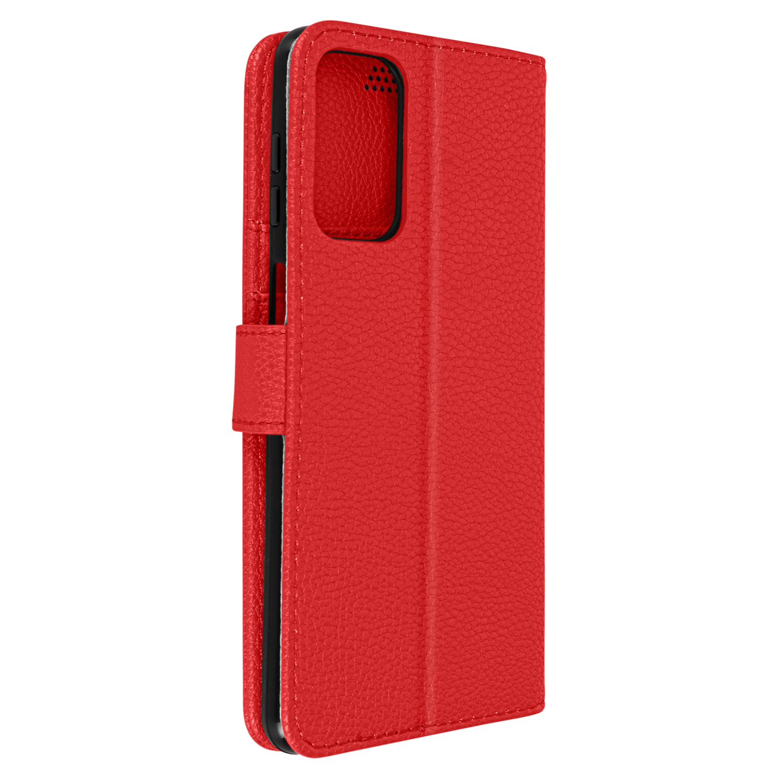 Custodia per telefono in pelle rossa, chiusa, con superficie strutturata e chiusura magnetica.