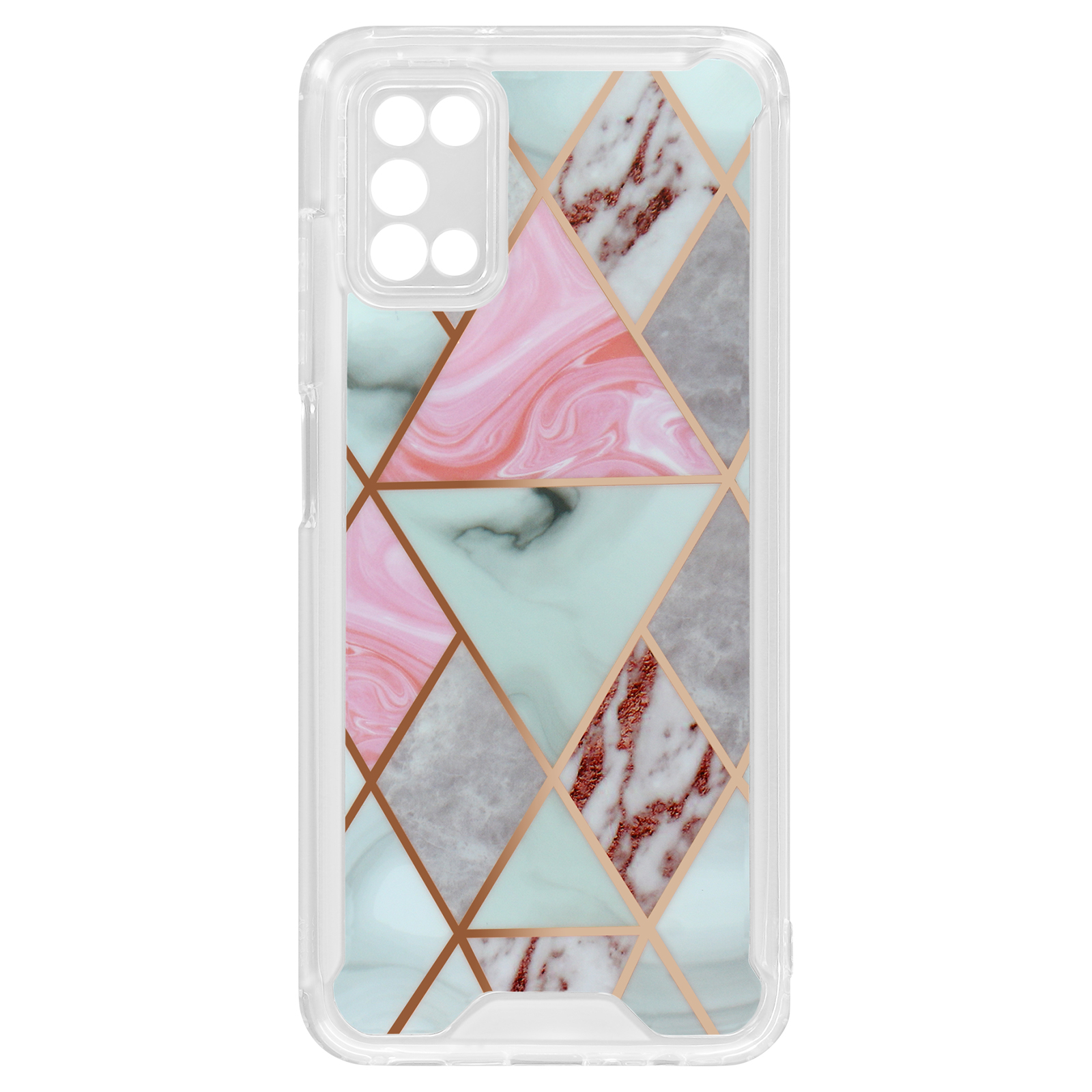 Telefoonhoesje met marmerpatroon, gouden accenten en een doorzichtige buitenschaal.