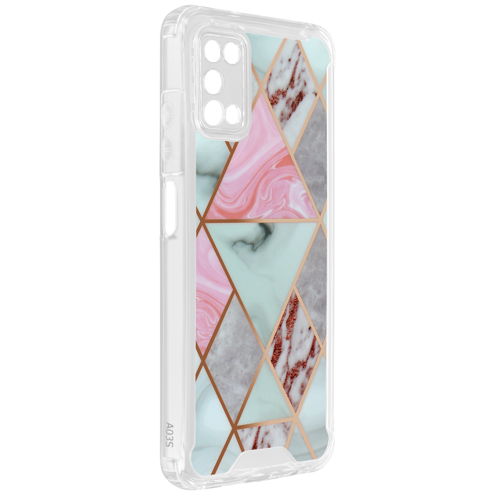 Transparante telefoonhoes met een geometrisch marmerontwerp in roze, grijs en blauw, met gouden accenten.