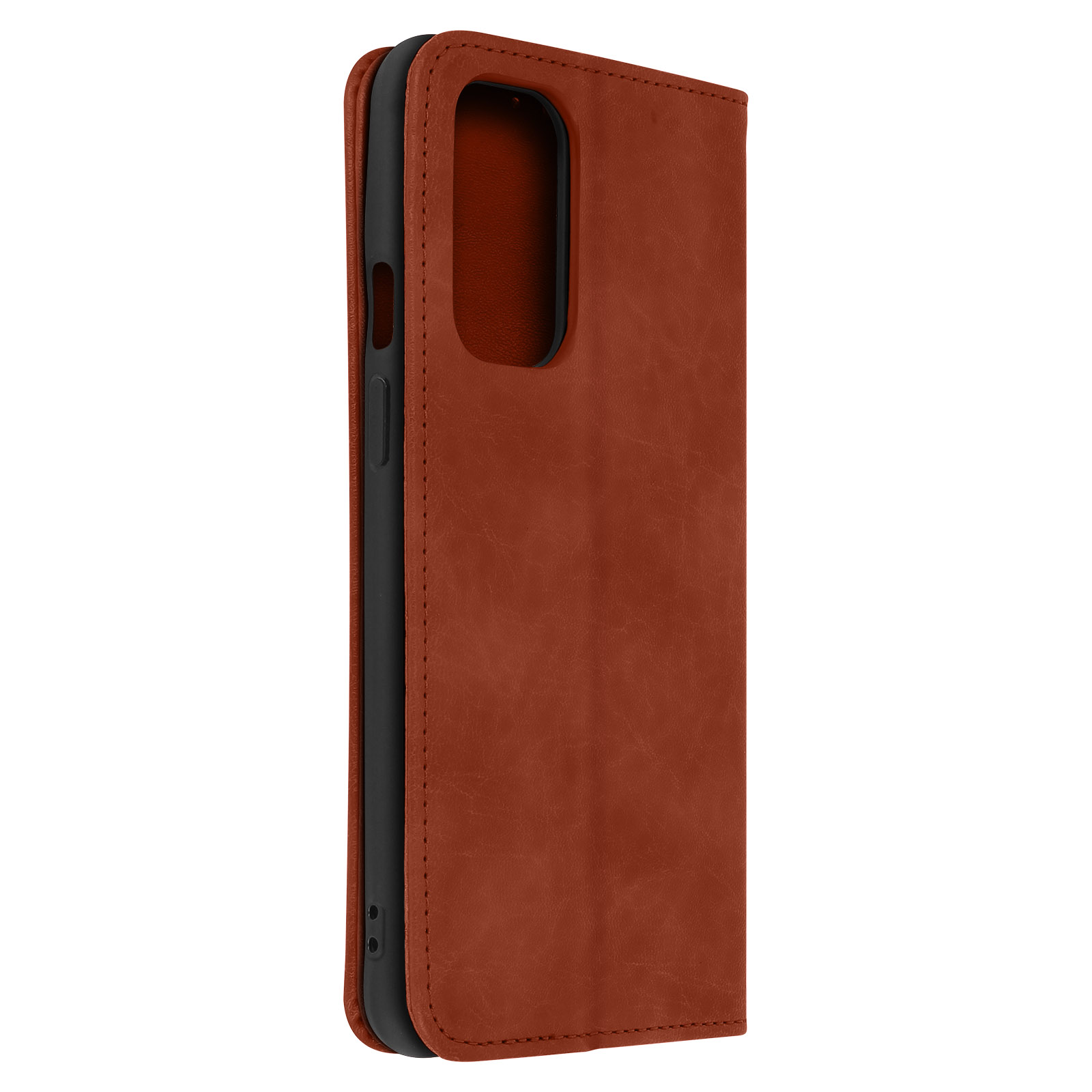 Braune Leder-Handyhülle, geschlossen. Zeigt die Seite der Hülle mit einem schwarzen Telefon darin.