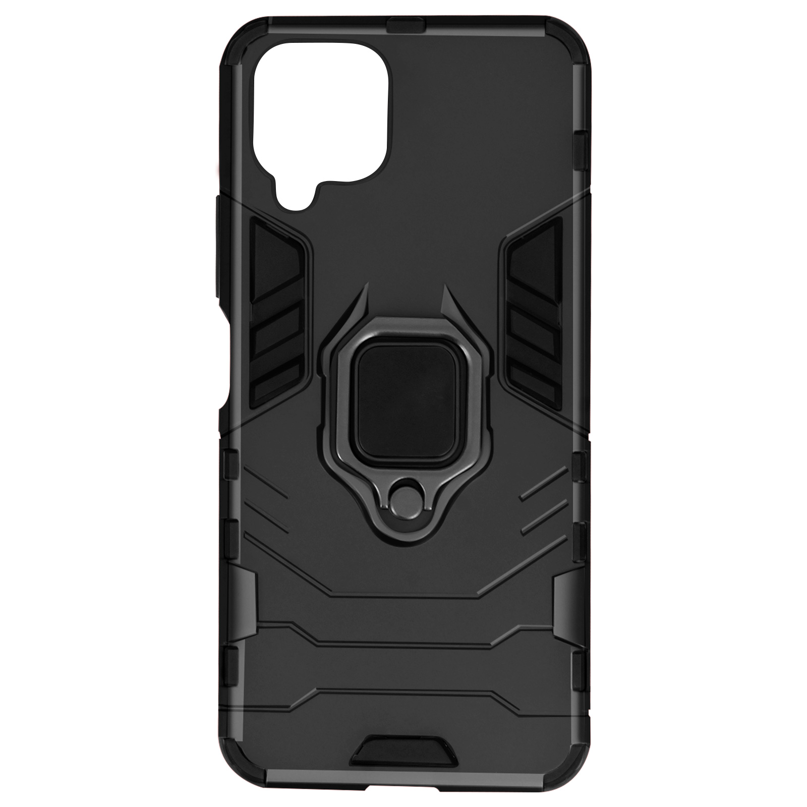 Custodia nera per telefono con anello. Design robusto.