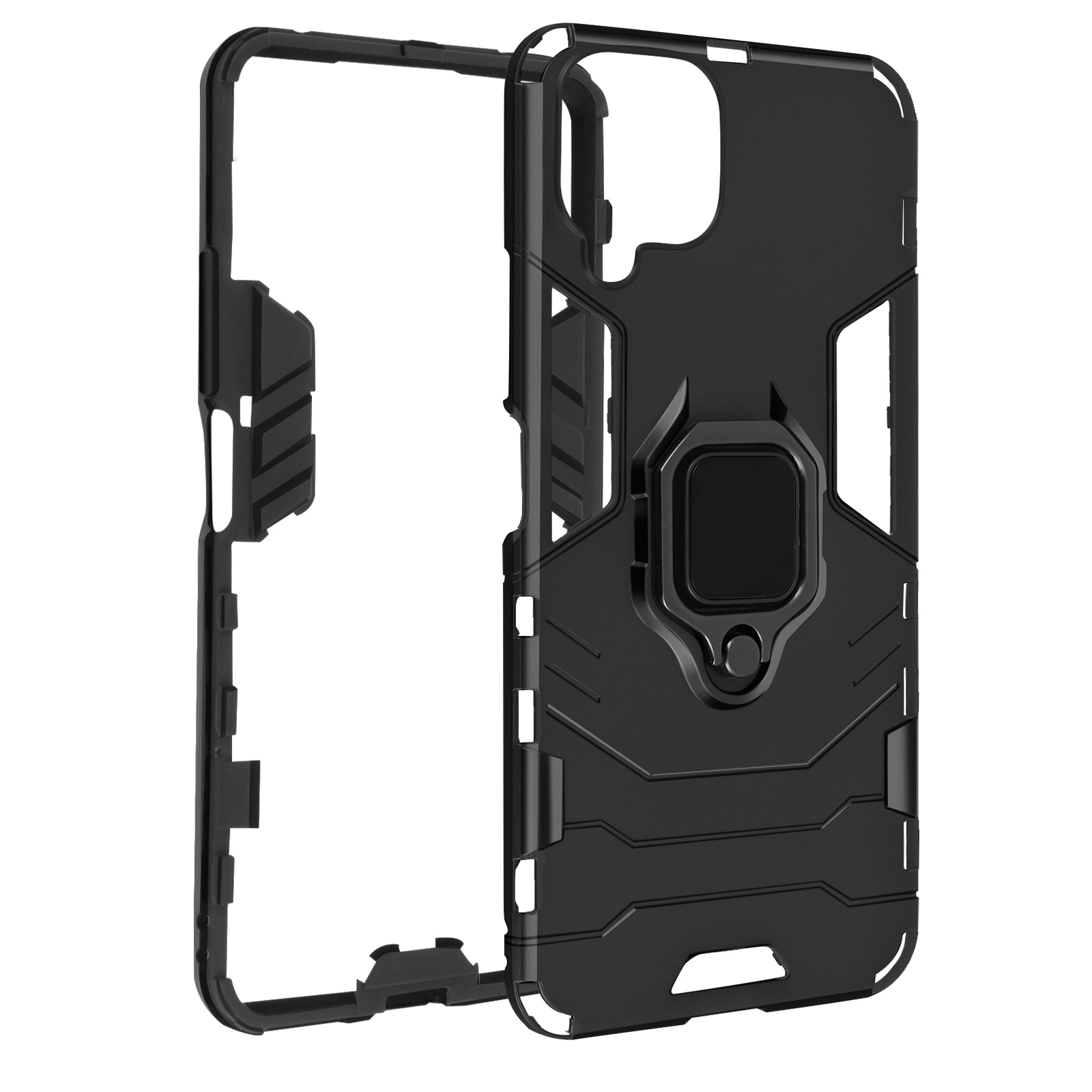 Custodia nera per telefono con supporto. È in due parti e ha un ritaglio per la fotocamera.