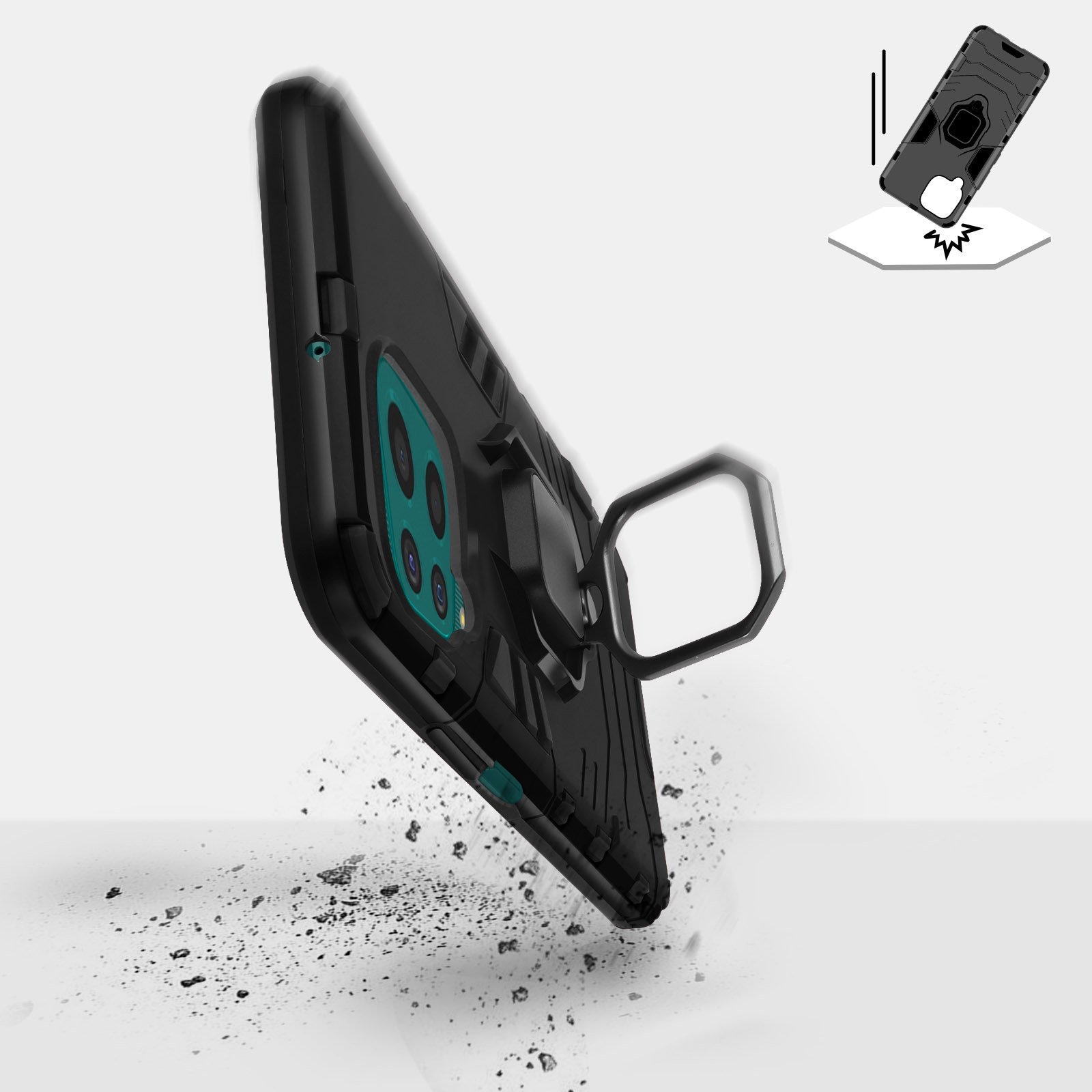Custodia nera per telefono con supporto ad anello. La custodia cade, con grafiche di effetto impatto.