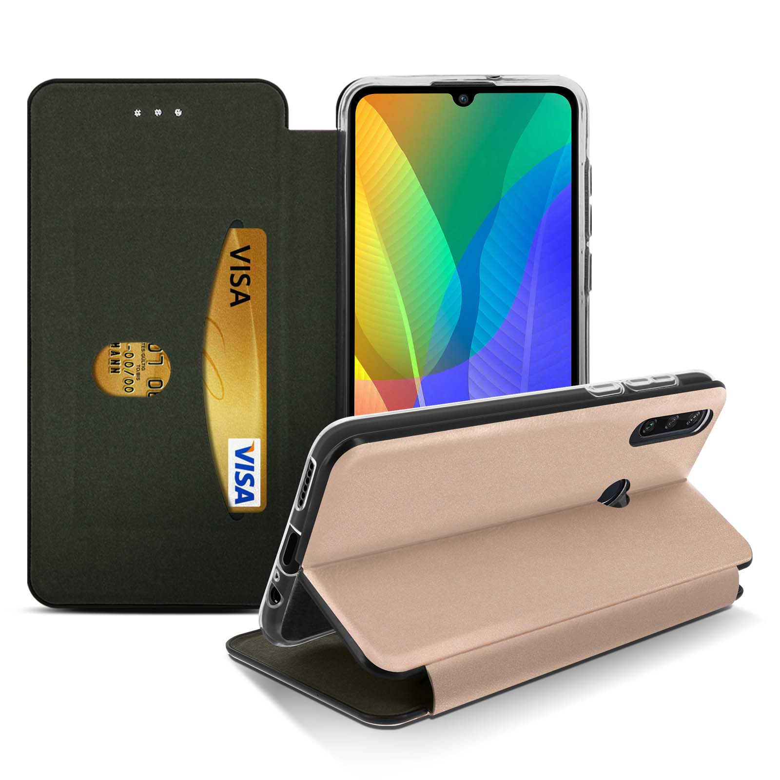 Un telefono con custodia, una carta di credito e una custodia per telefono.