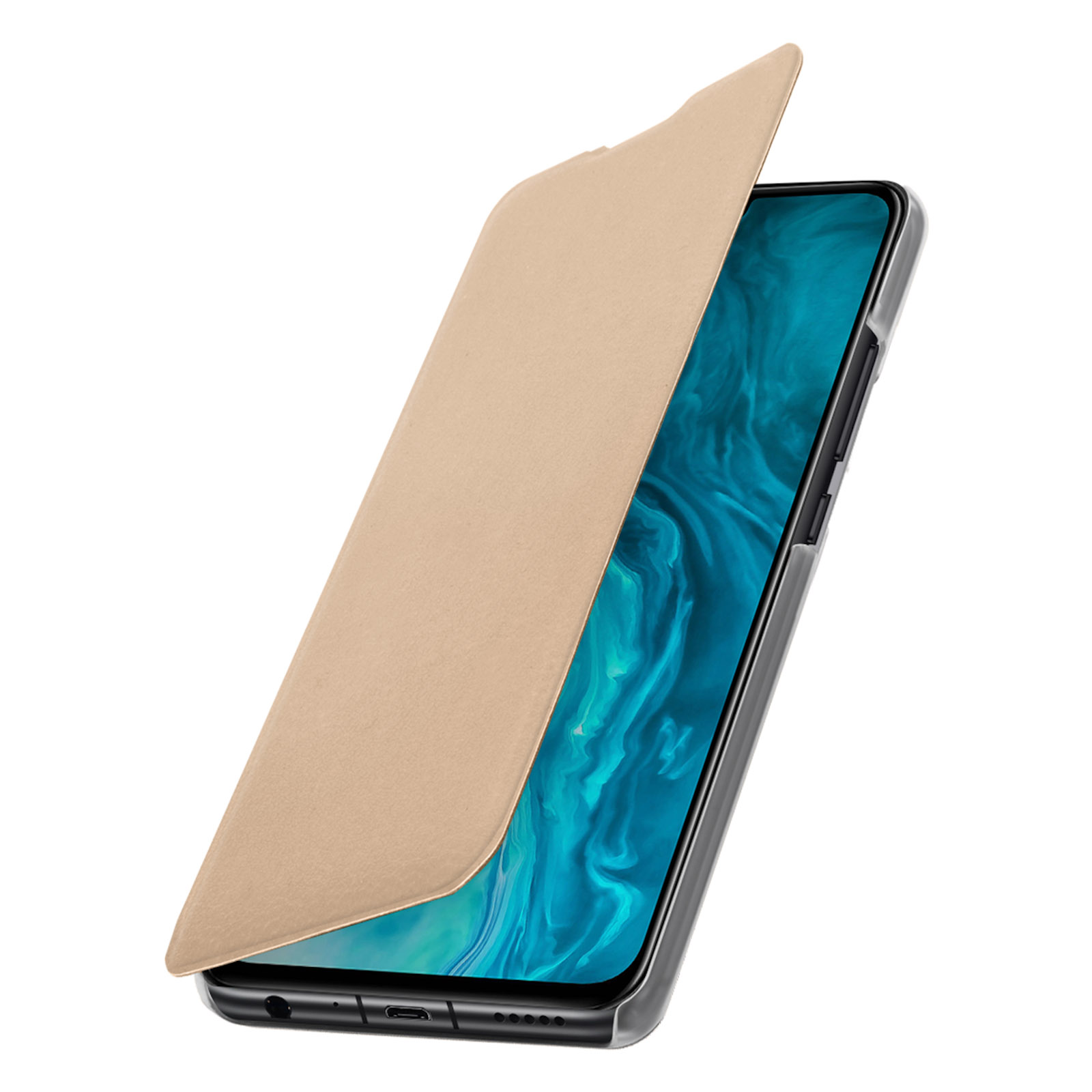 Smartphone mit goldener Hülle. Die Hülle ist geöffnet und gibt den Bildschirm frei. Weißer Hintergrund.