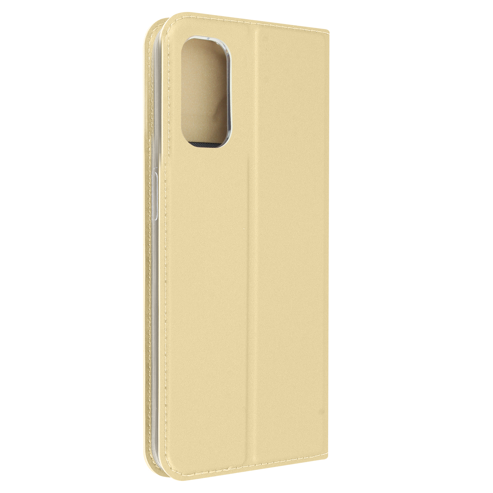 Eine geschlossene beige Handyhülle mit Kameraausschnitt. Weiße Nähte säumen die Ränder.