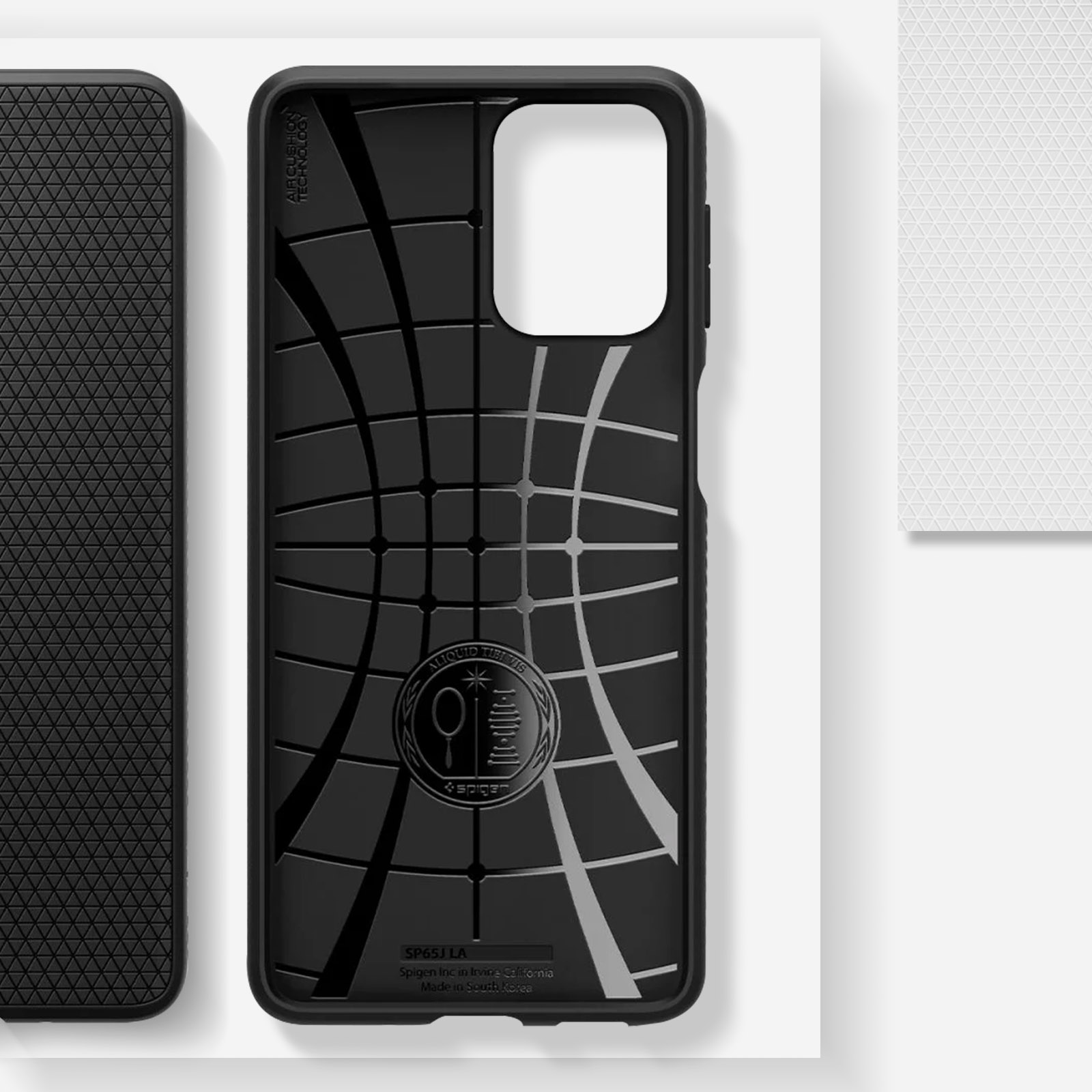 Interno di custodia per telefono nera con motivo a griglia. Il logo Spigen è al centro.