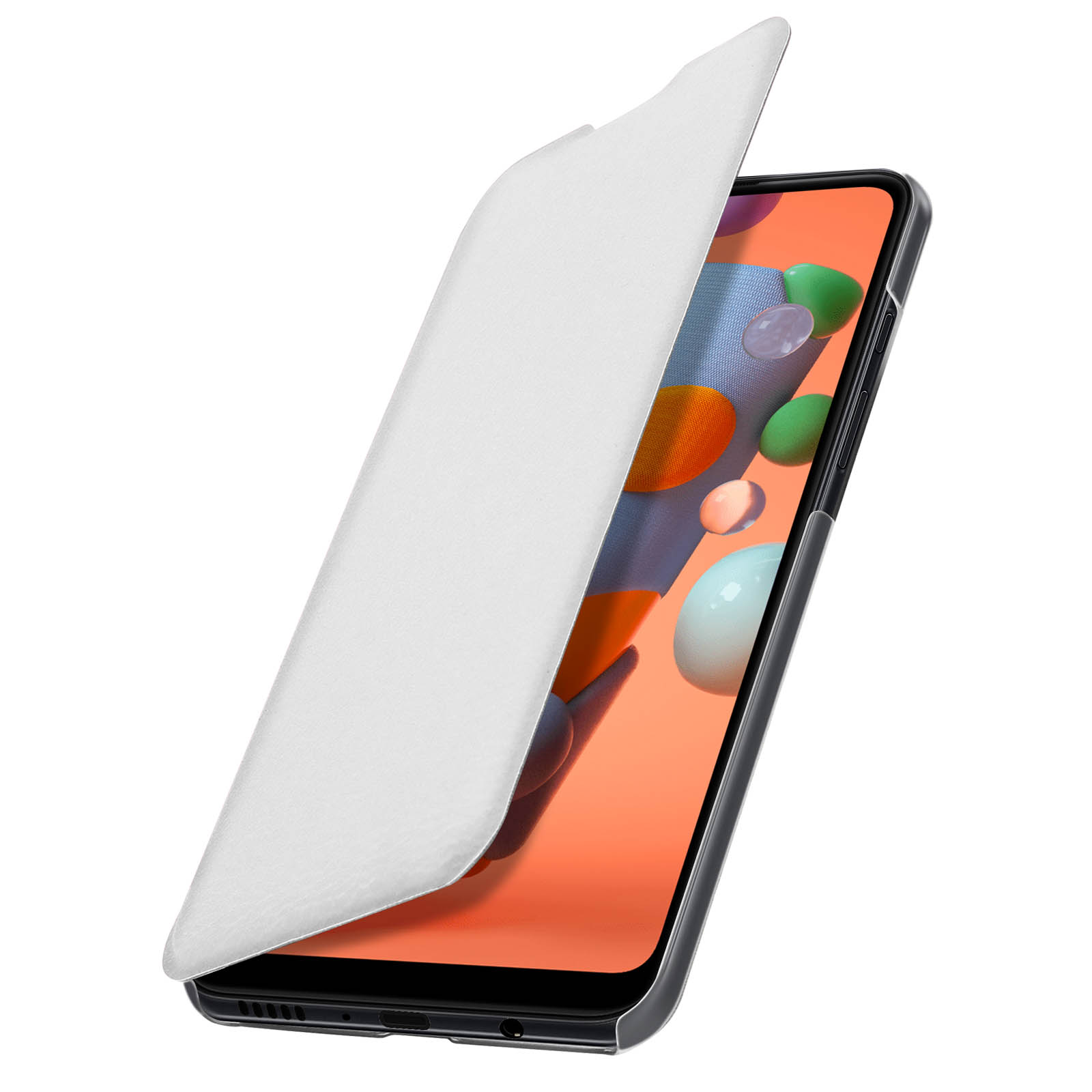 Una custodia bianca per telefono è aperta, rivelando un telefono con forme colorate sullo schermo.