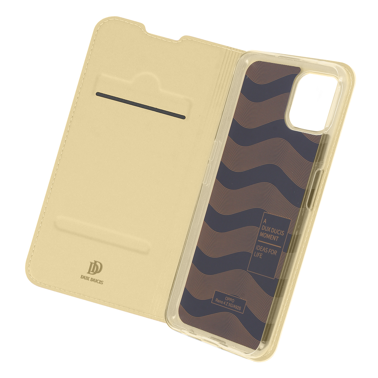 Custodia per telefono dorata, aperta, con un telefono all'interno. All'interno è mostrato un design blu scuro e oro.