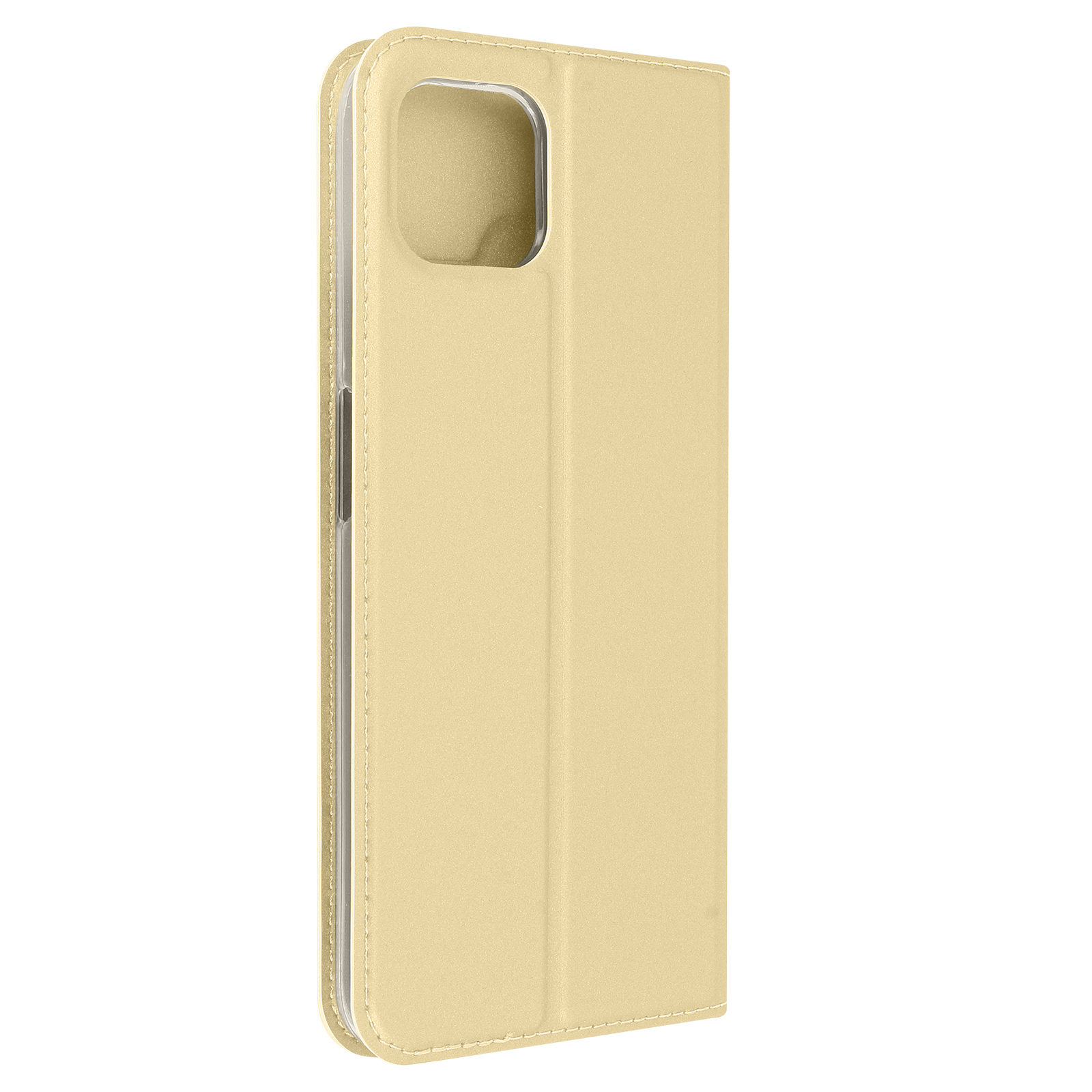 Una custodia per telefono beige, in posizione chiusa, con un dettaglio di cucitura bianca attorno ai bordi.