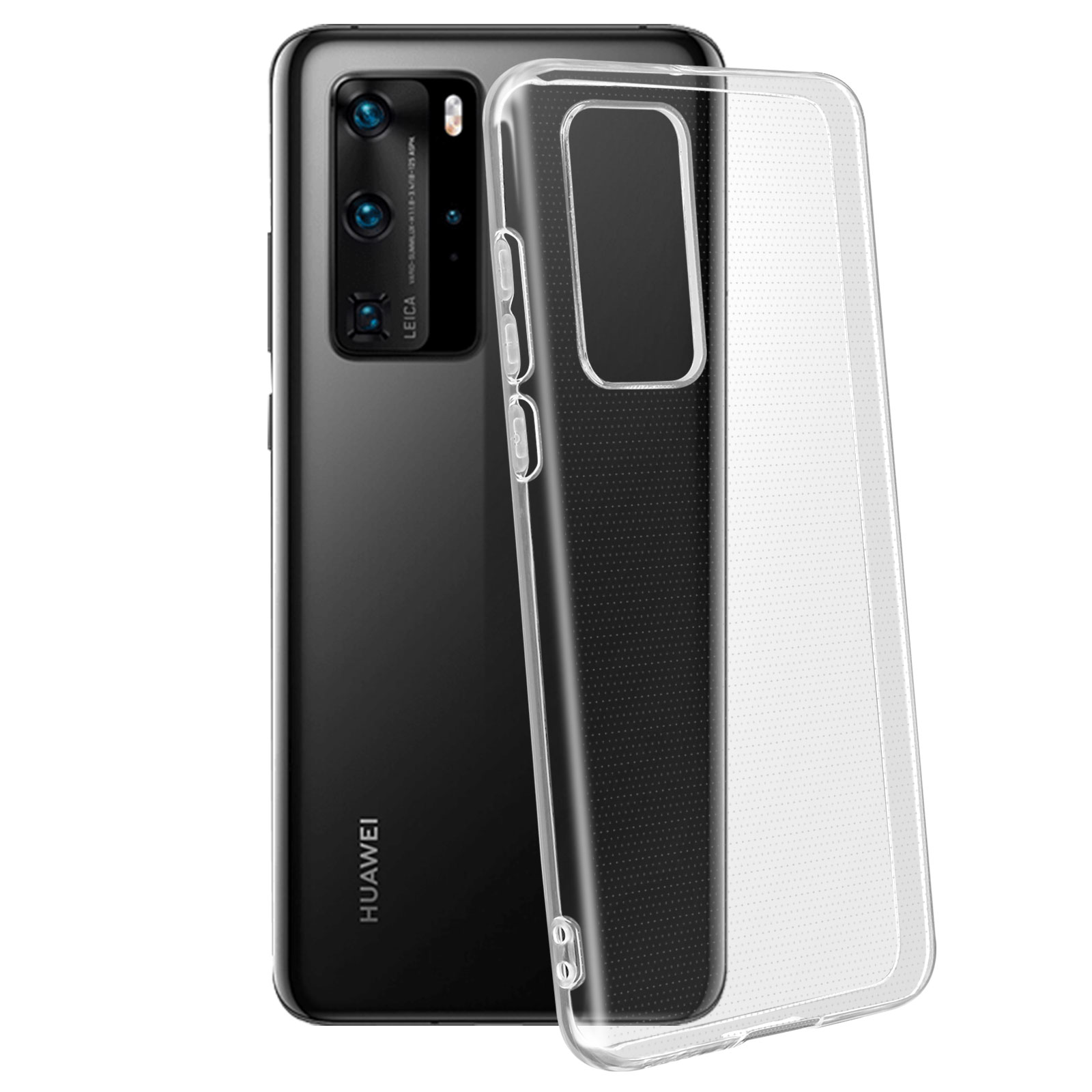 Un telefono nero con una custodia trasparente è mostrato, con il logo Huawei visibile.