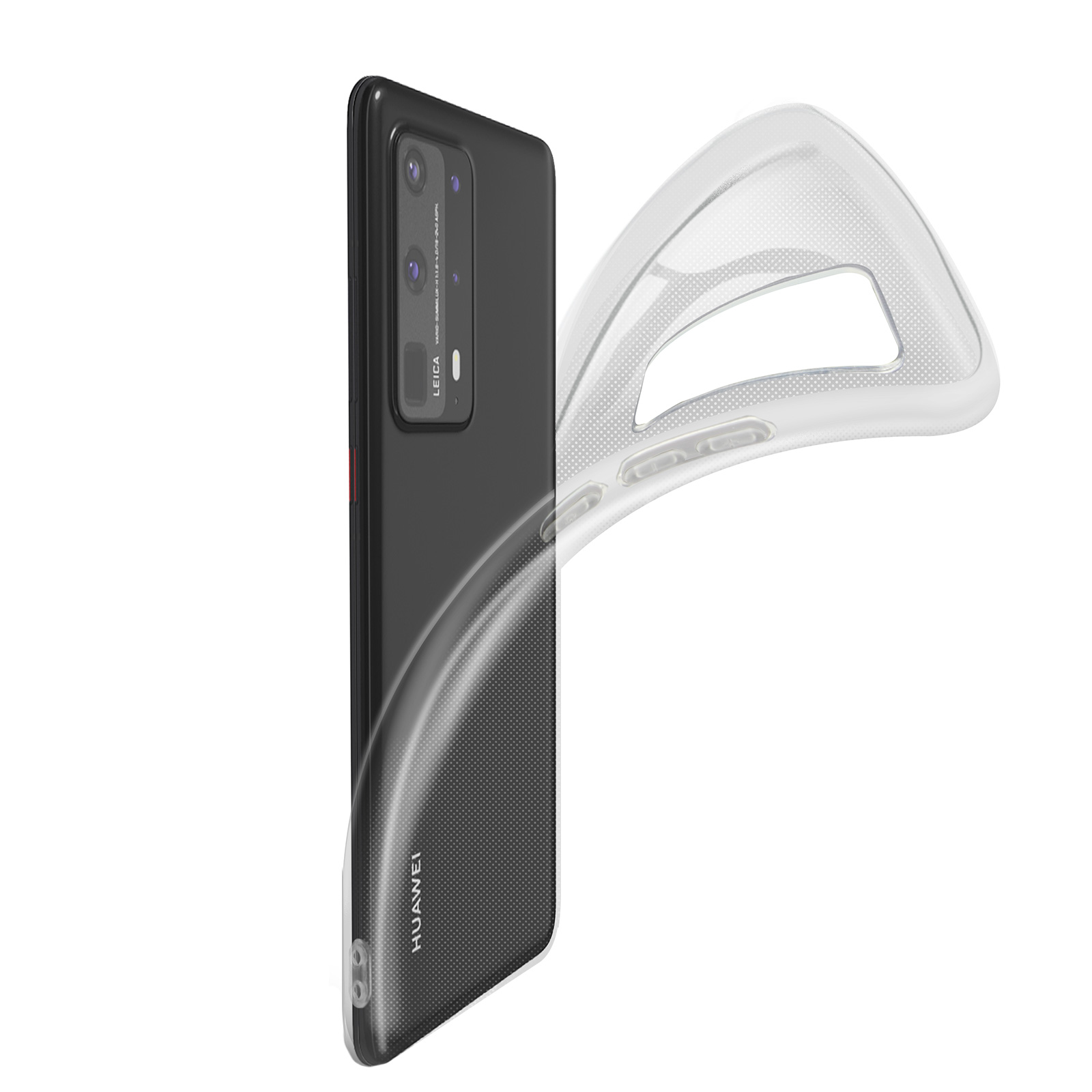Telefono nero con custodia trasparente. La custodia è parzialmente rimossa. Sfondo bianco.