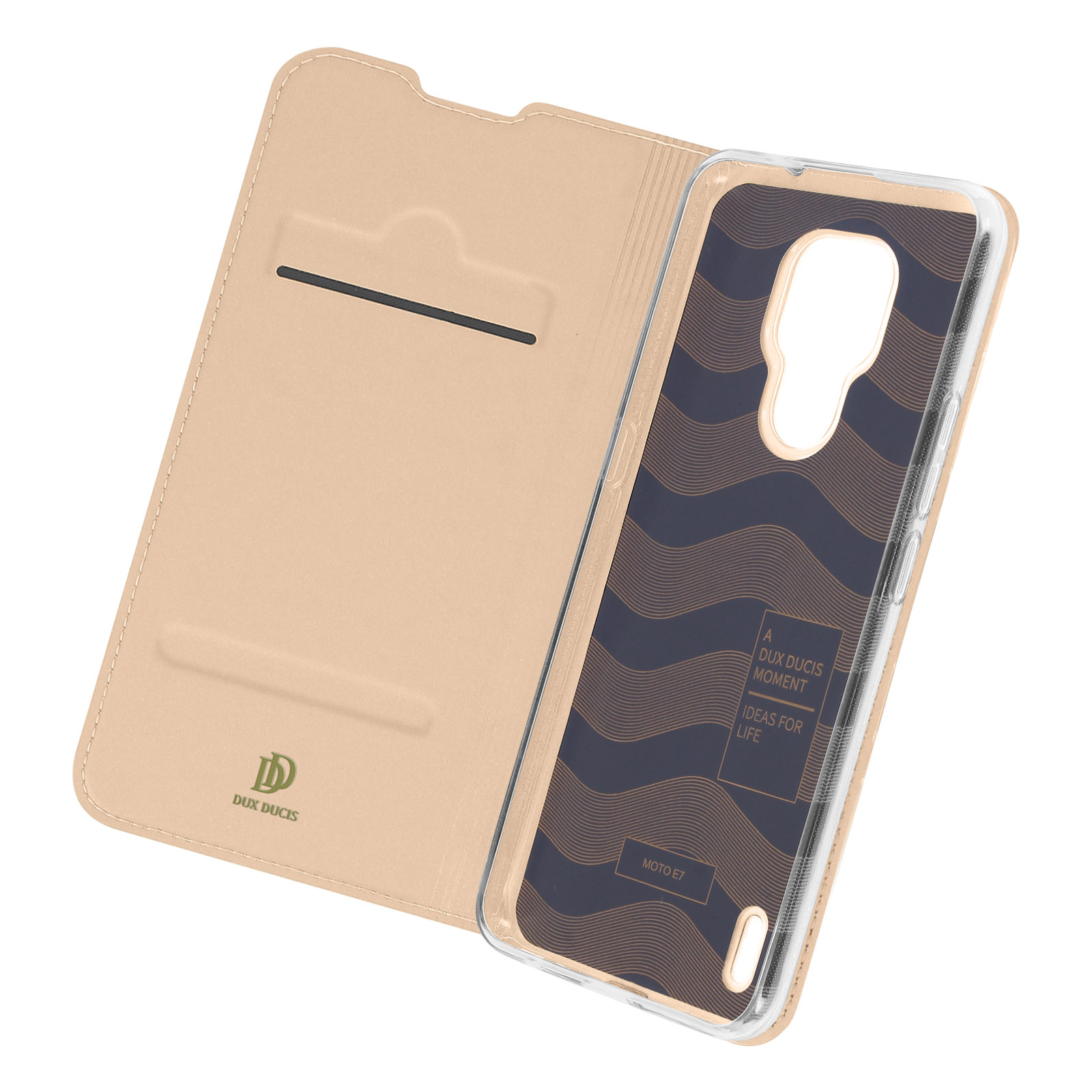 Custodia per telefono beige aperta, con un telefono all'interno, che mostra un logo e del testo.