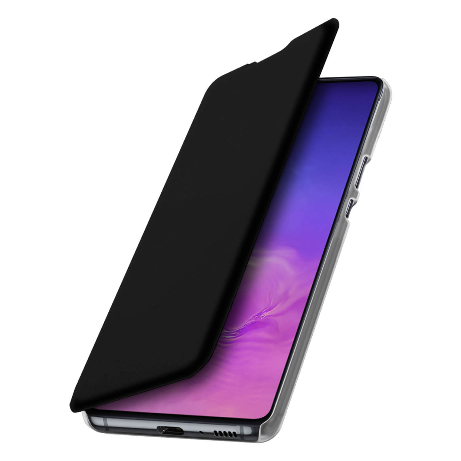 Custodia nera per telefono, aperta, mostra un telefono con schermo blu e viola.