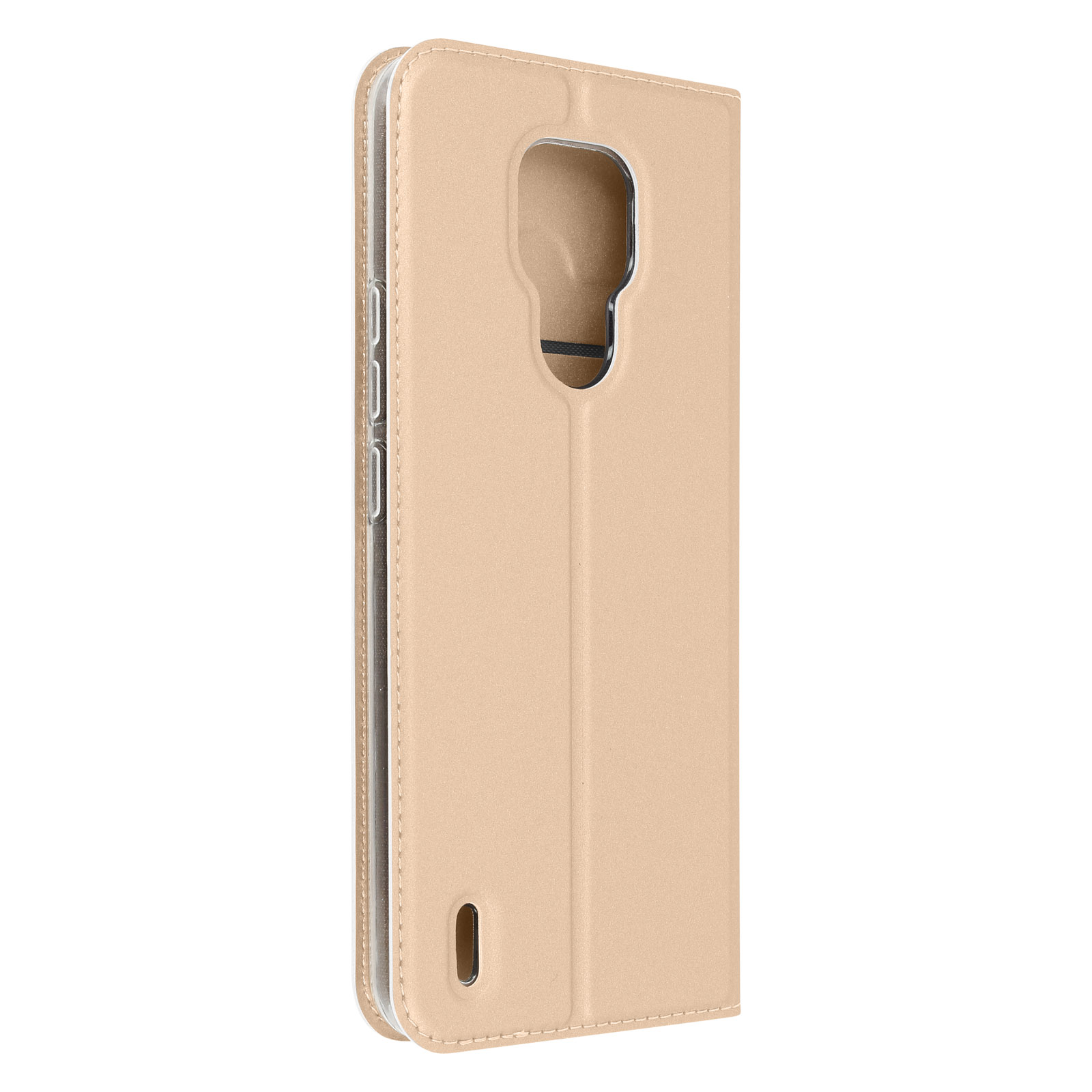 Una custodia a portafoglio per telefono, chiusa, con un ritaglio per un telefono. La custodia è di colore beige chiaro.