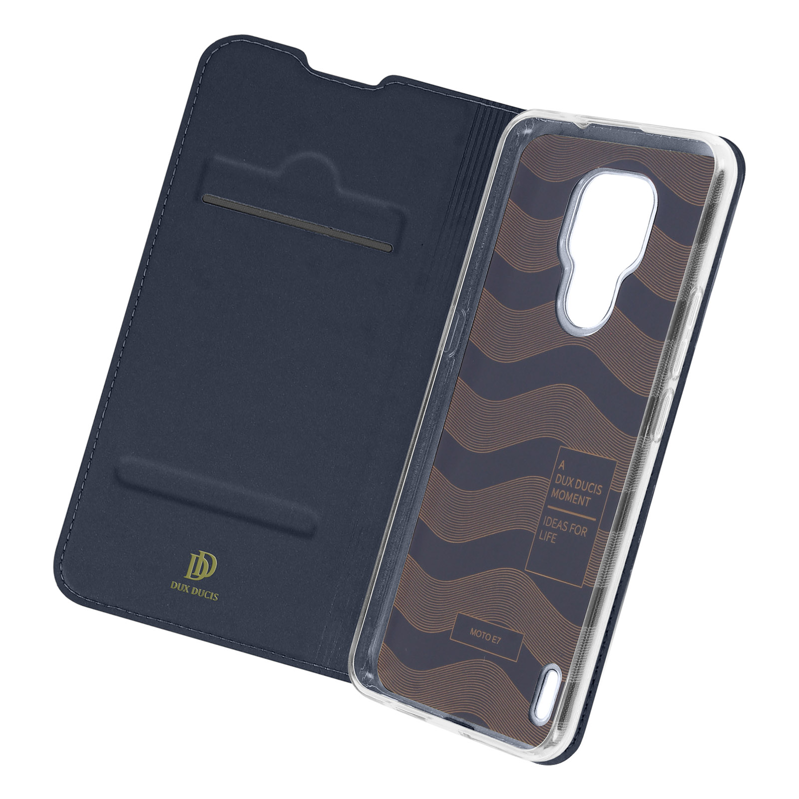 Custodia per telefono blu navy, aperta. Telefono con design all'interno della custodia, testo bianco.