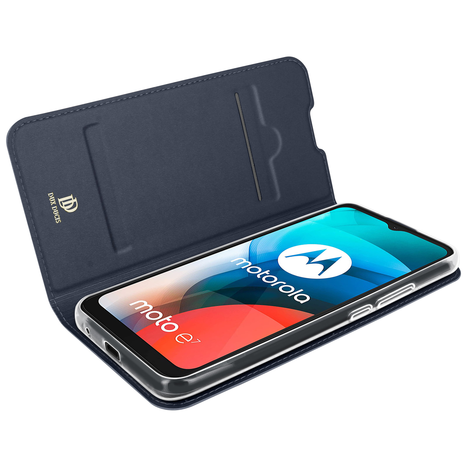 Un telefono Motorola in una custodia a libro blu è aperto, mostrando lo schermo e uno slot per schede.