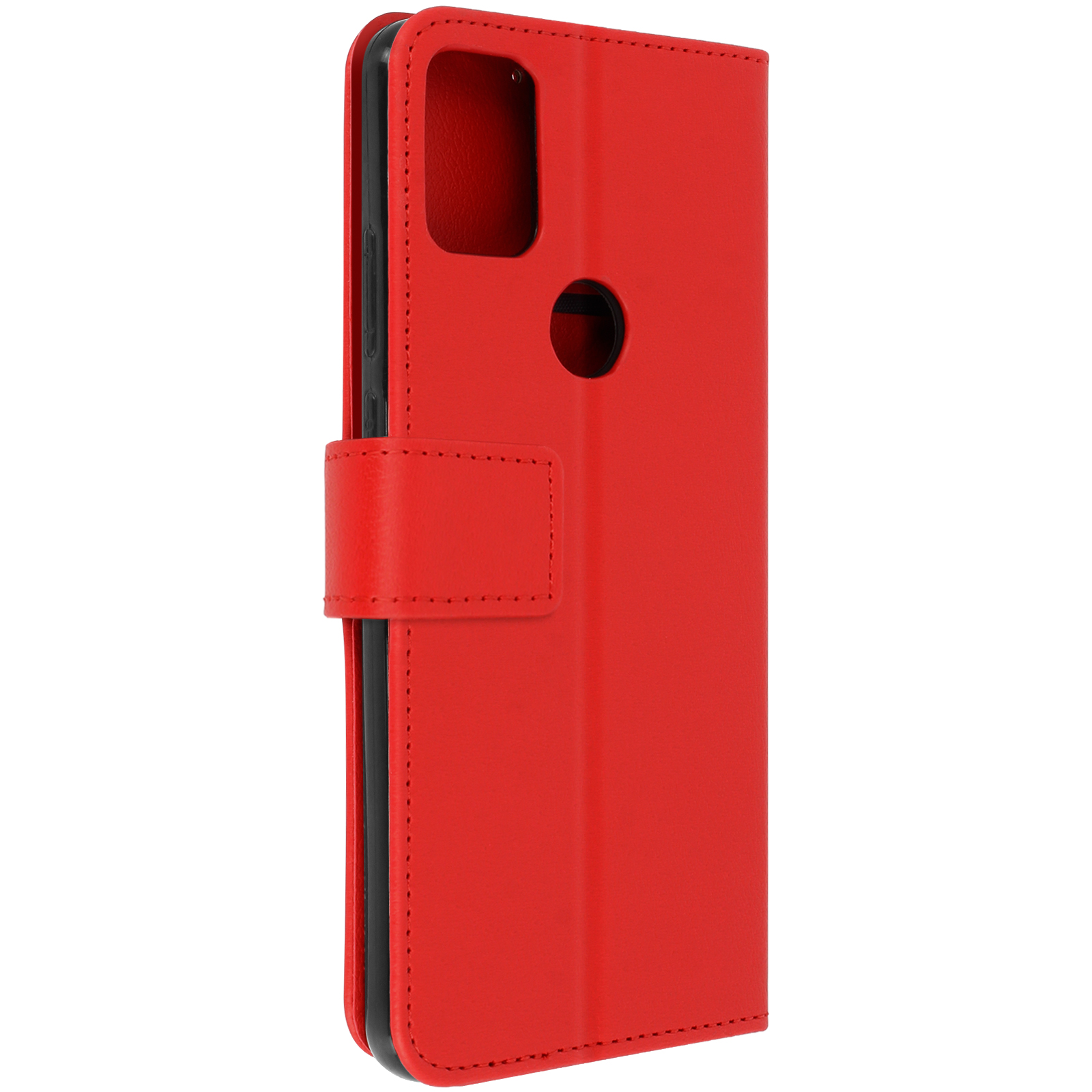 Custodia per telefono rossa con chiusura magnetica. La custodia è chiusa e ha un ritaglio per la fotocamera.