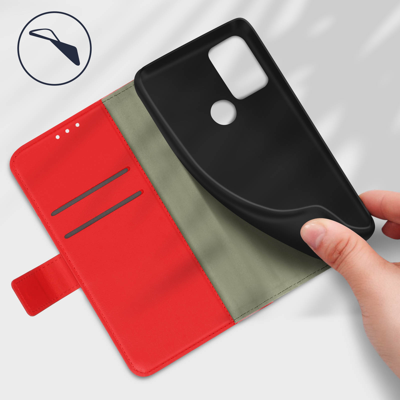 Mano che tiene una custodia nera, mostrando un interno rosso e grigio stile portafoglio.