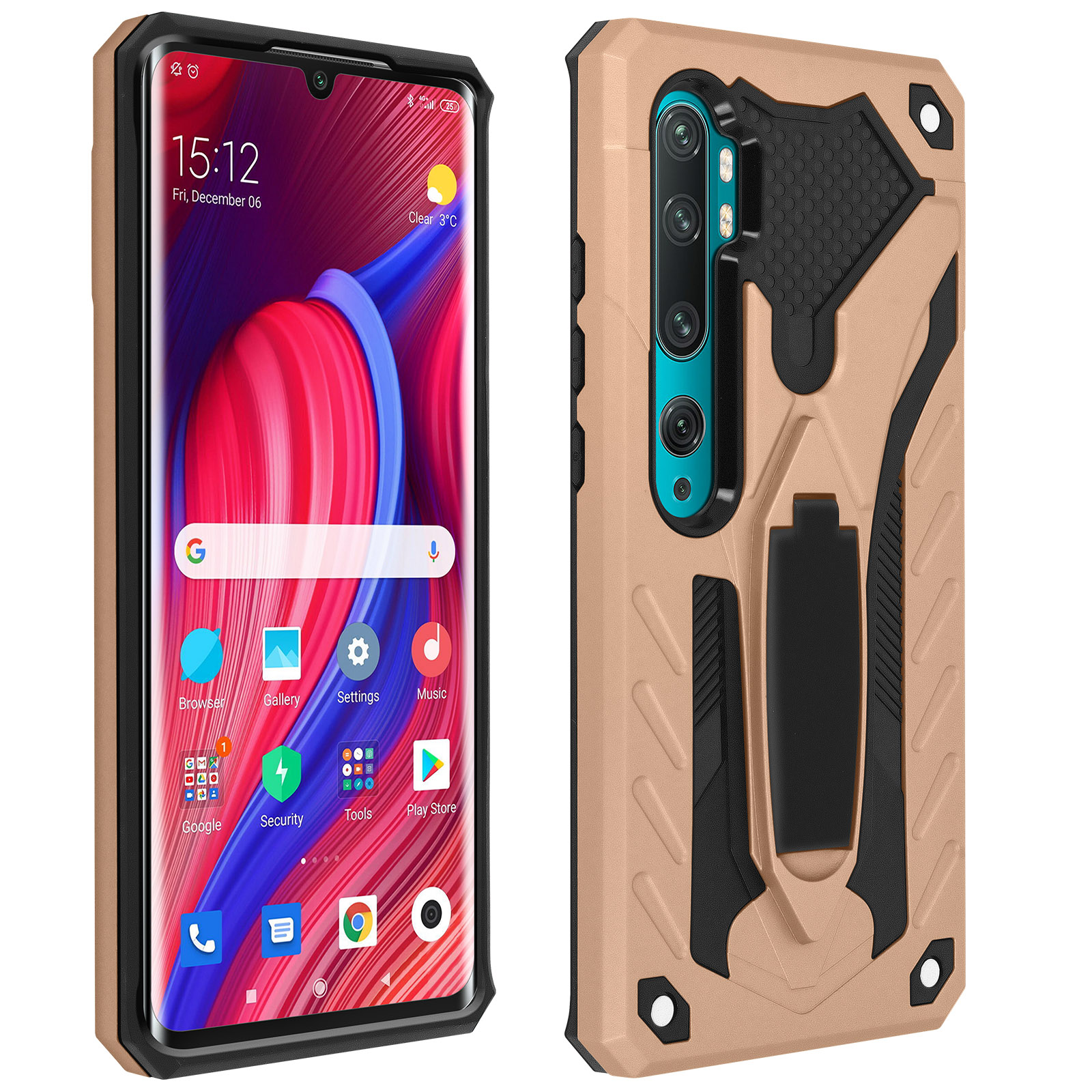 Custodia per telefono oro e nera con un telefono. Il telefono mostra l'interfaccia.